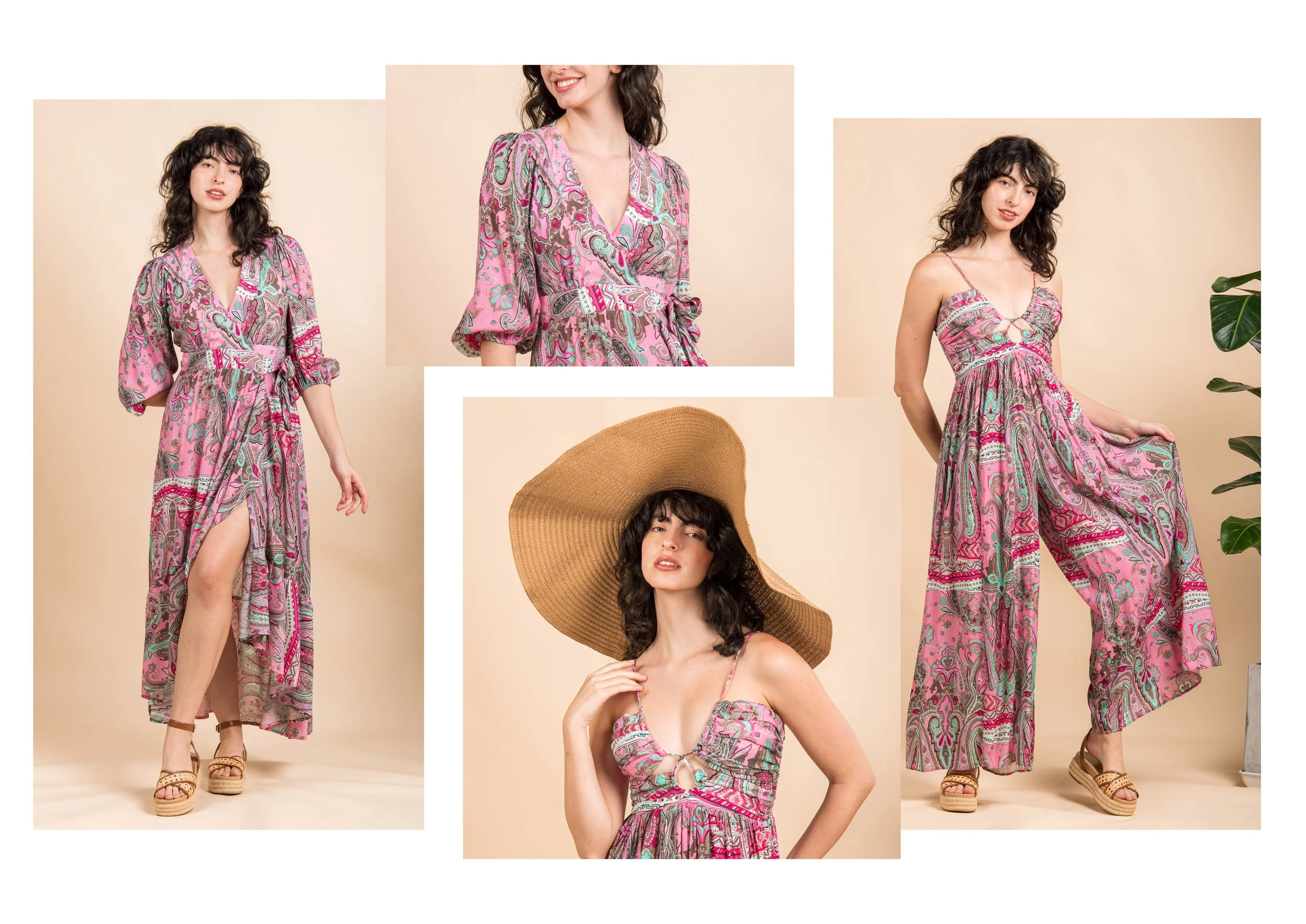 A woman modeling pink paisley patterned dresses in various poses with a beige background. She is wearing platform sandals, with one outfit featuring a large straw hat and another with a floral umbrella.