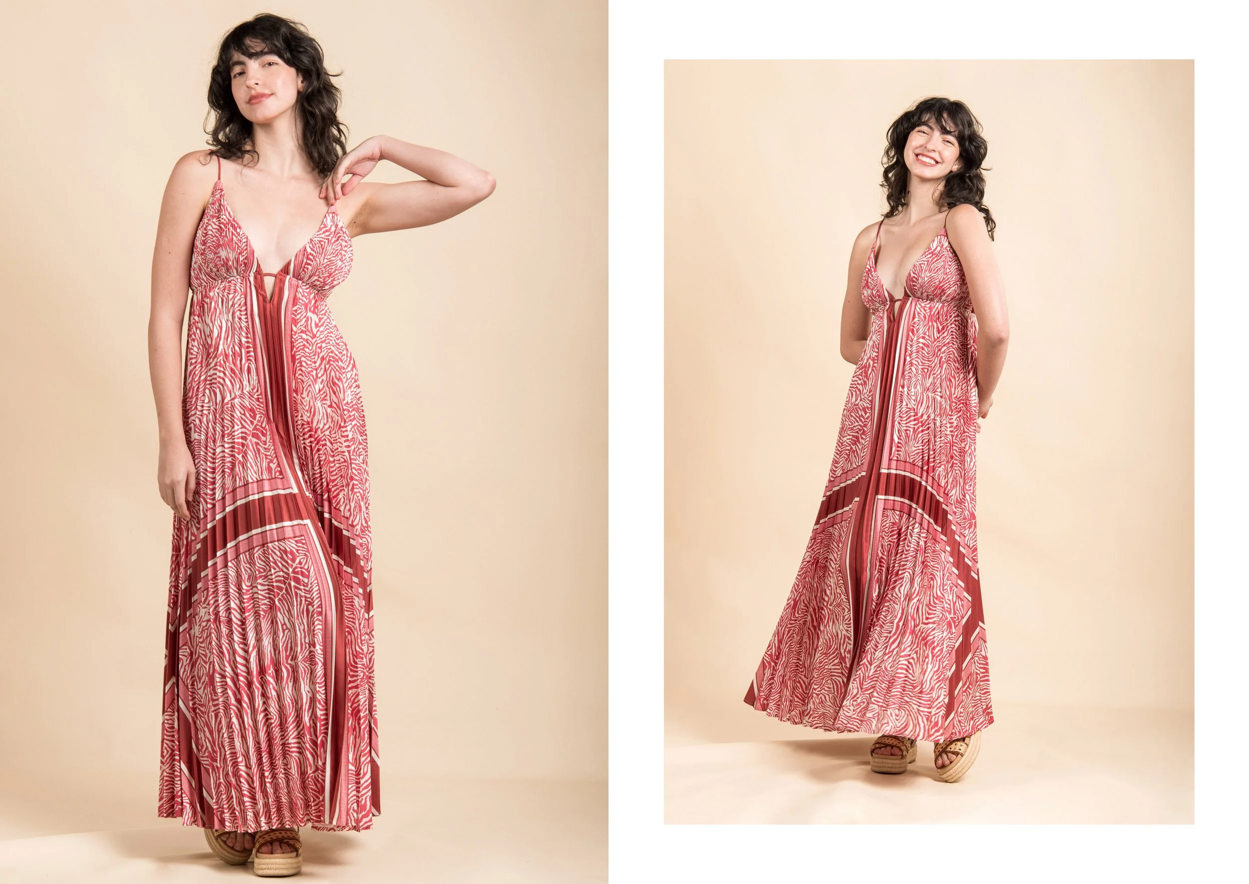 A woman in a long red and white patterned maxi dress with spaghetti straps, posing with her hand on her neck in the left image and smiling with her hands behind her back in the right image, against a neutral beige background.