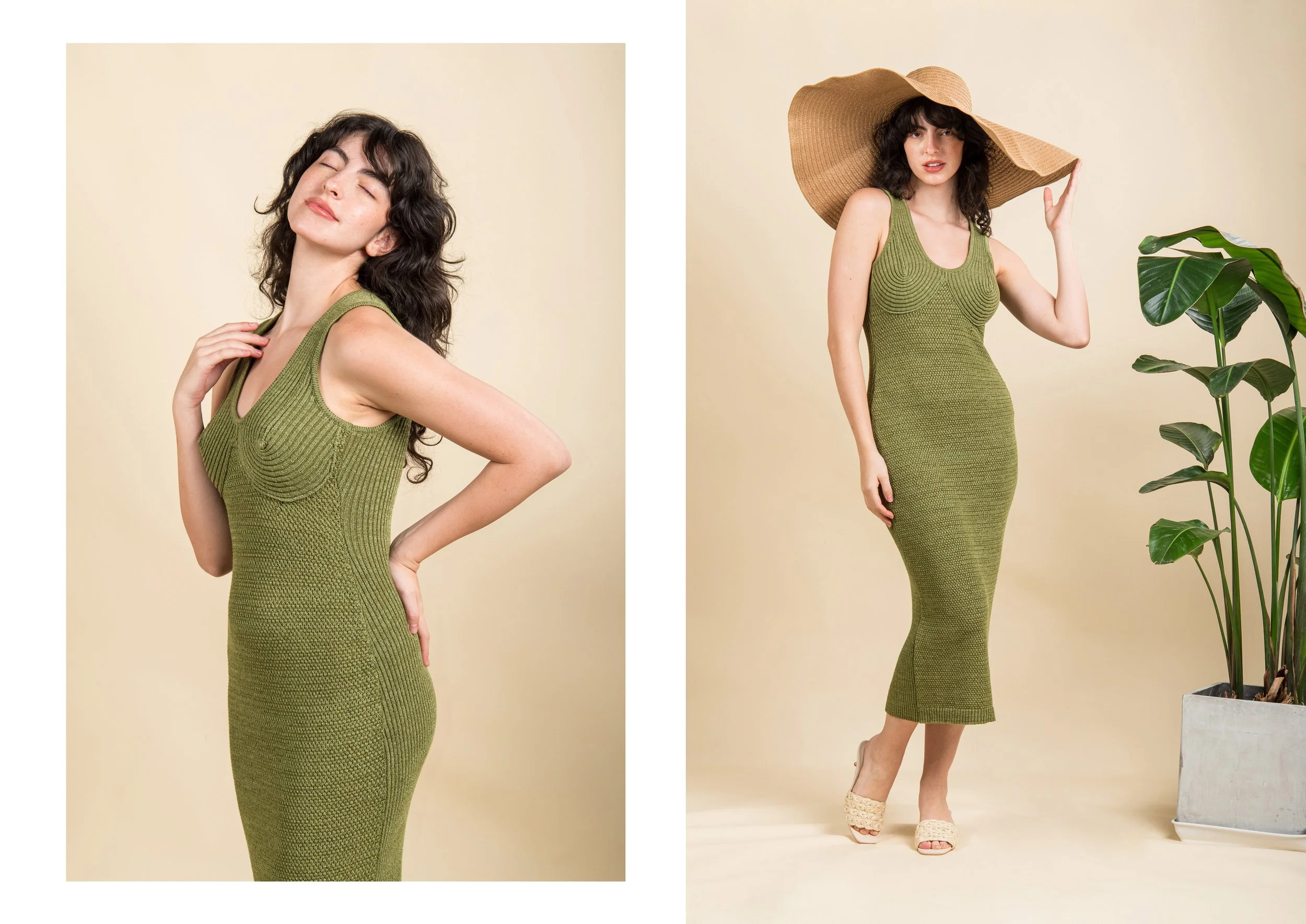 Side-by-side photos of a woman in a green, form-fitting knit dress. In the left photo, she has dark curly hair, eyes closed, and is touching her neck with one hand. In the right photo, she is wearing a large floppy sun hat, looking at the camera, and