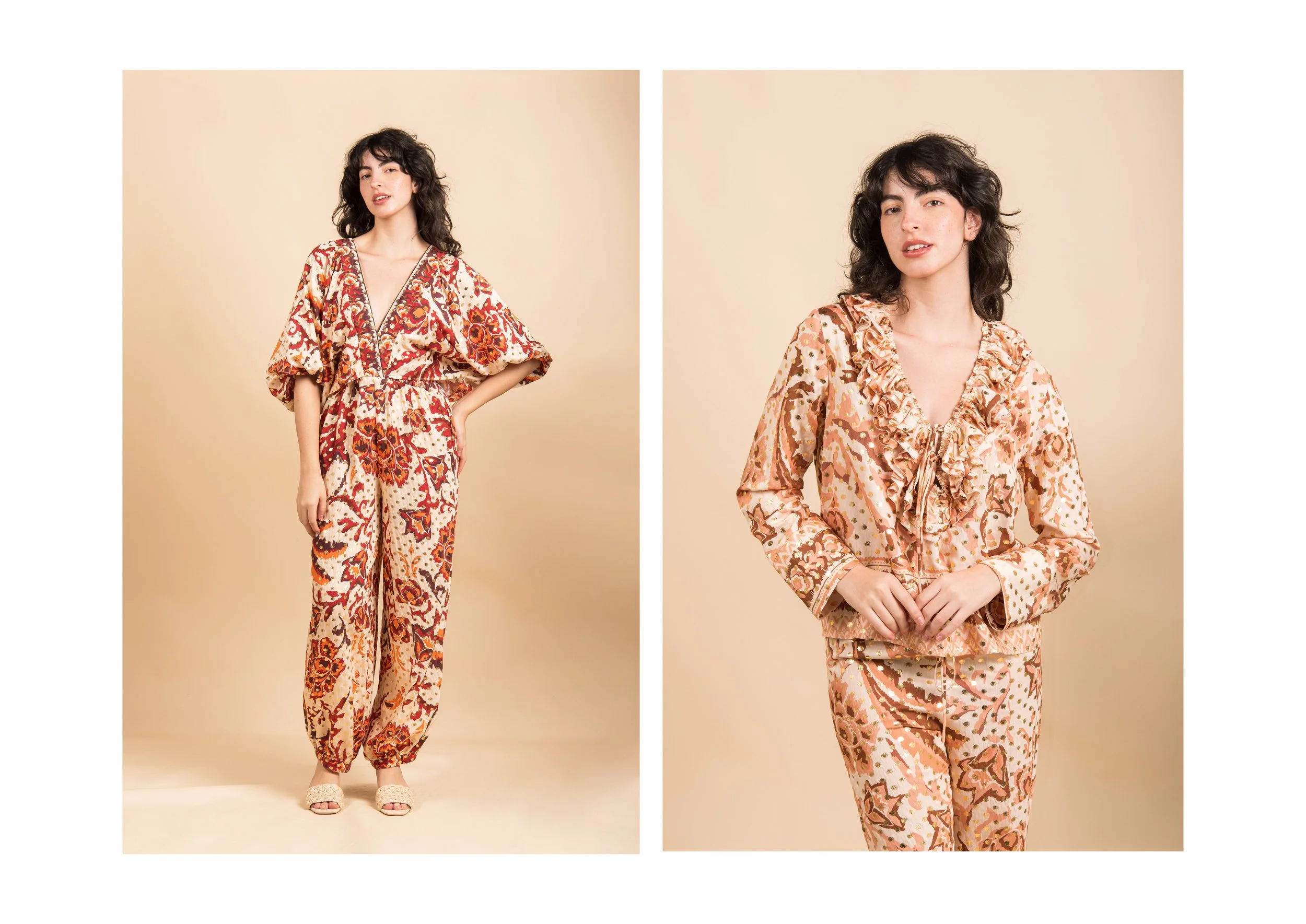 Side-by-side photos of a woman with dark, curly hair wearing multiple patterned outfits against a beige background. Left image shows her in a loose-fitting, patterned top and matching pants, and right image shows her in a patterned blouse with ruffle