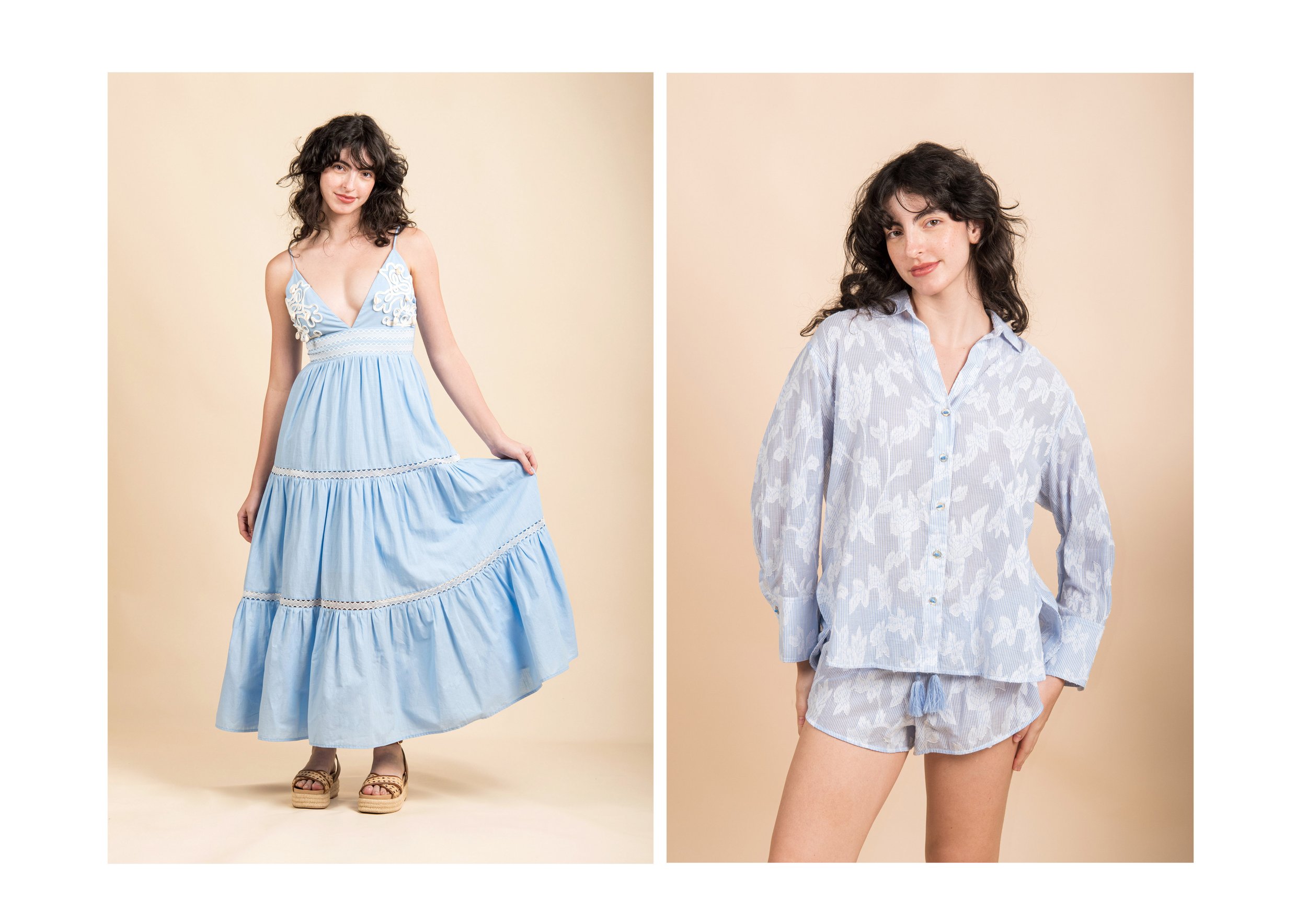 Side-by-side photos of a woman with curly dark hair, wearing a light blue dress with lace details in the first image and a matching pajama set with a button-up top and shorts in the second image, both against a beige background.