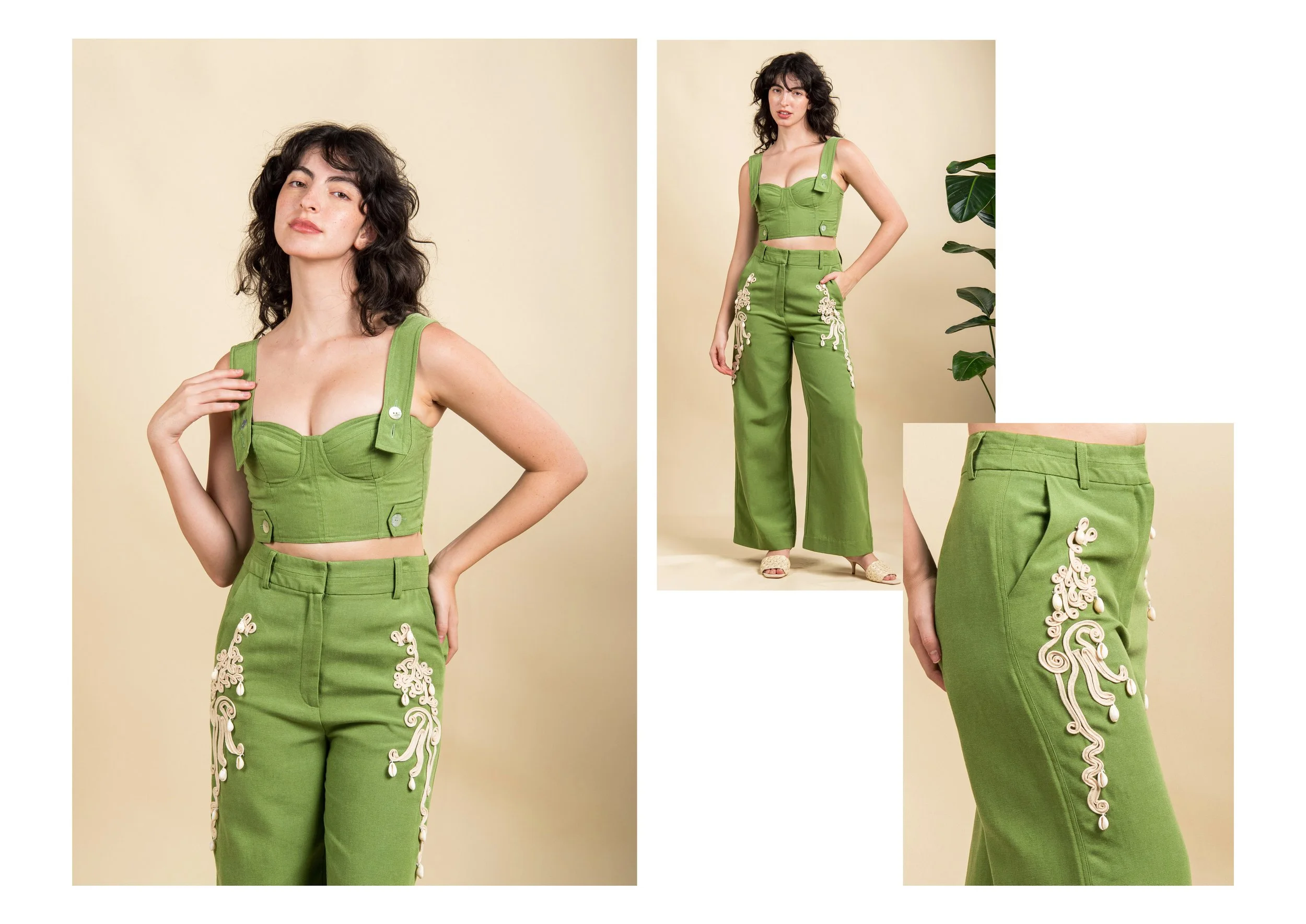 A woman wearing a lime green crochet crop top with wide shoulder straps and buttons, paired with matching wide-leg pants with white floral embroidery on the sides, standing against a neutral beige background in three different poses.