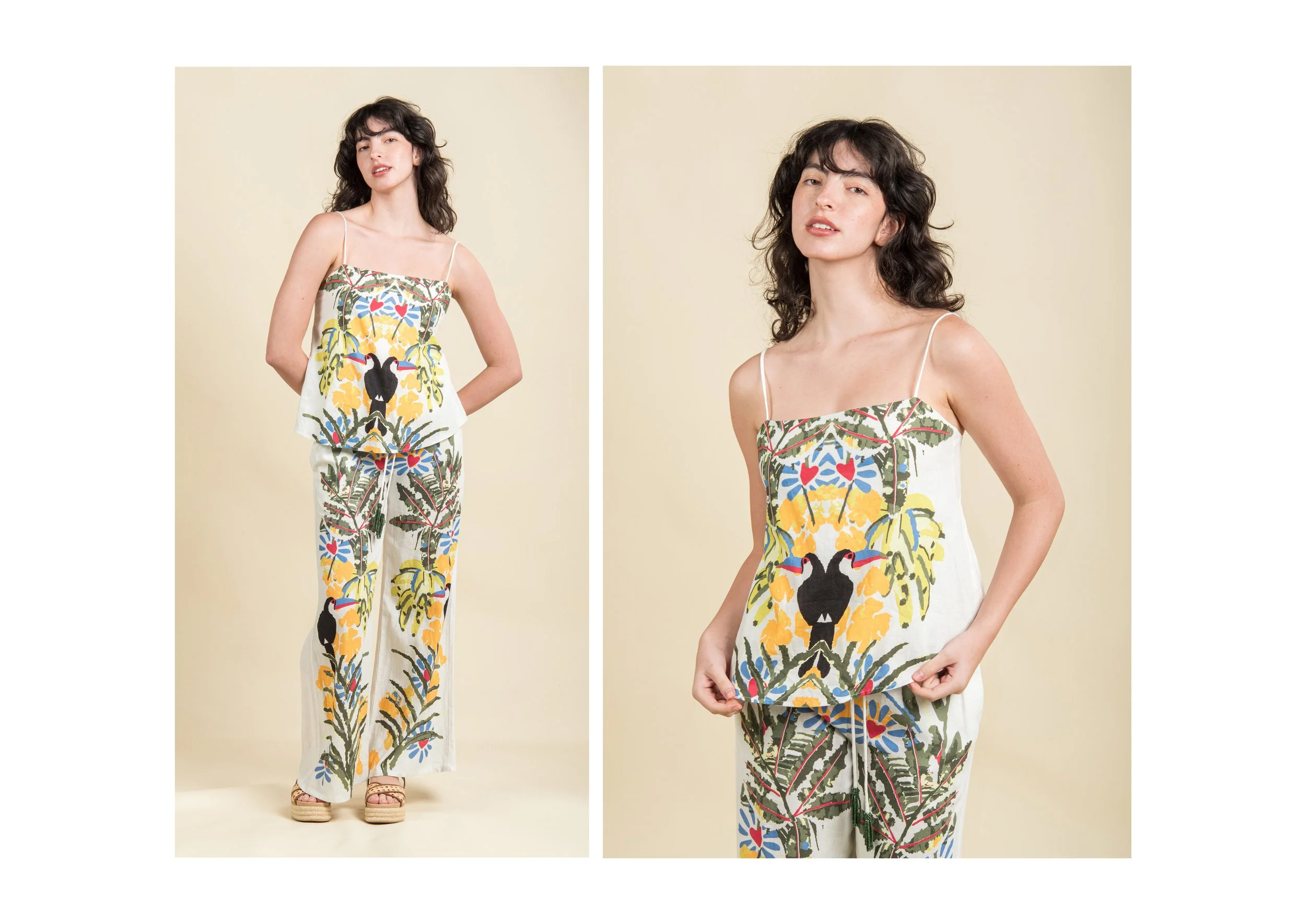 A woman wearing an outfit with a tropical floral print top and matching wide-leg pants, standing against a neutral background. She has dark wavy hair and is posing in two different angles.