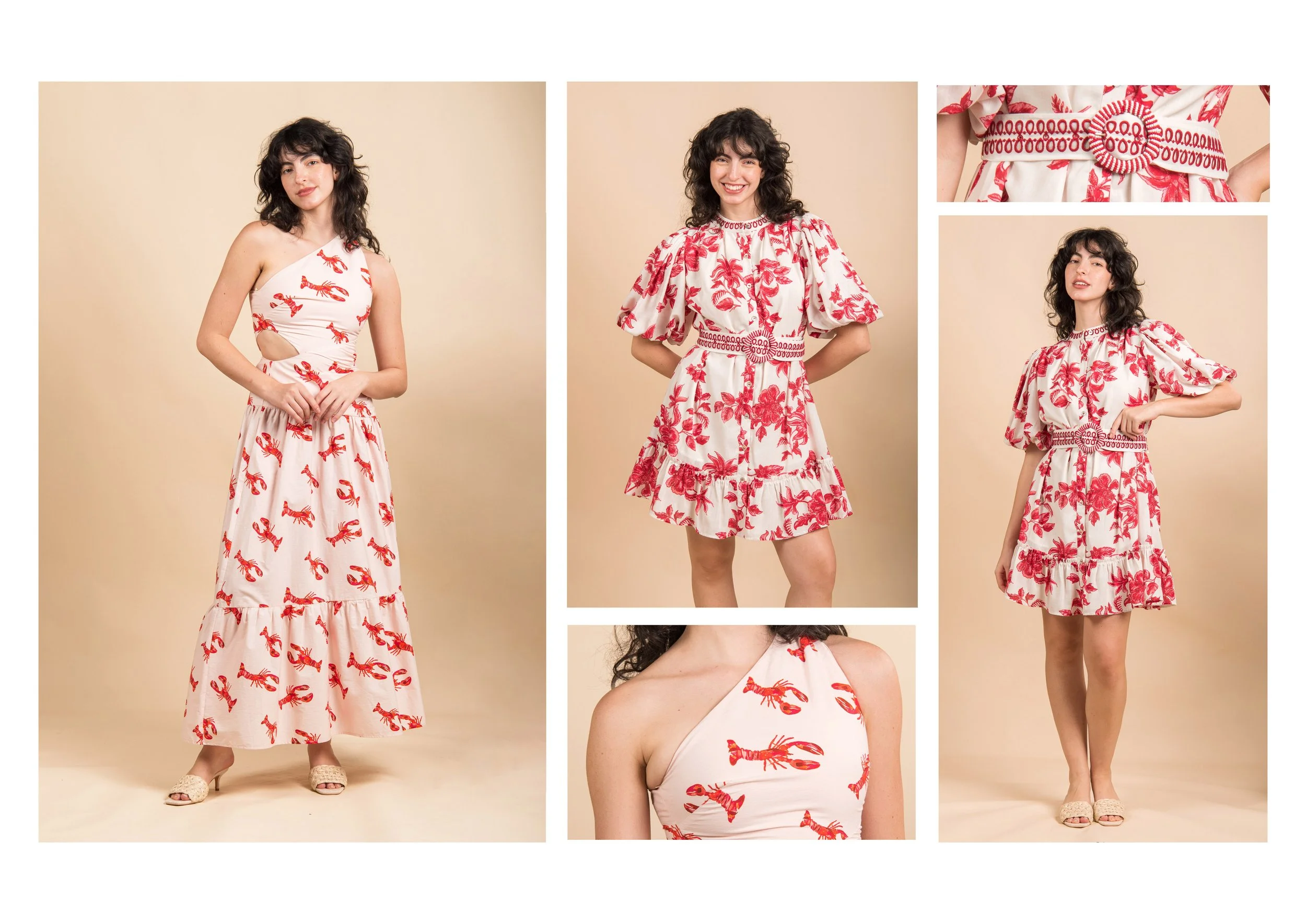 Series of images showing a woman modeling two different dresses with red lobster prints on a beige background. The first dress is a one-shoulder maxi dress with a high slit. The second dress is a knee-length dress with puffed sleeves, a belt, and ruf