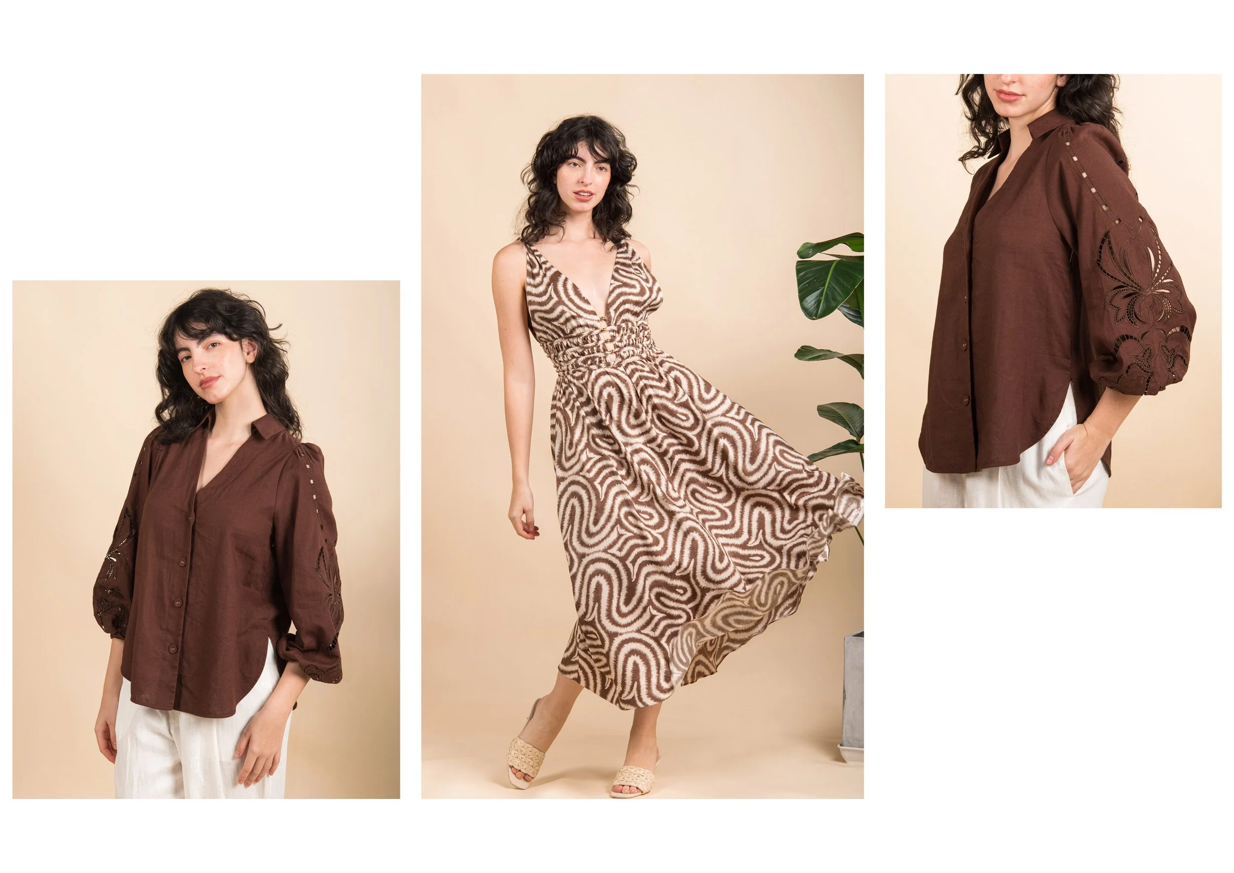 Three women modeling fashion outfits: one in a brown embroidered blouse with white pants, another in a brown and beige patterned dress, and third in a brown embroidered blouse with white pants.