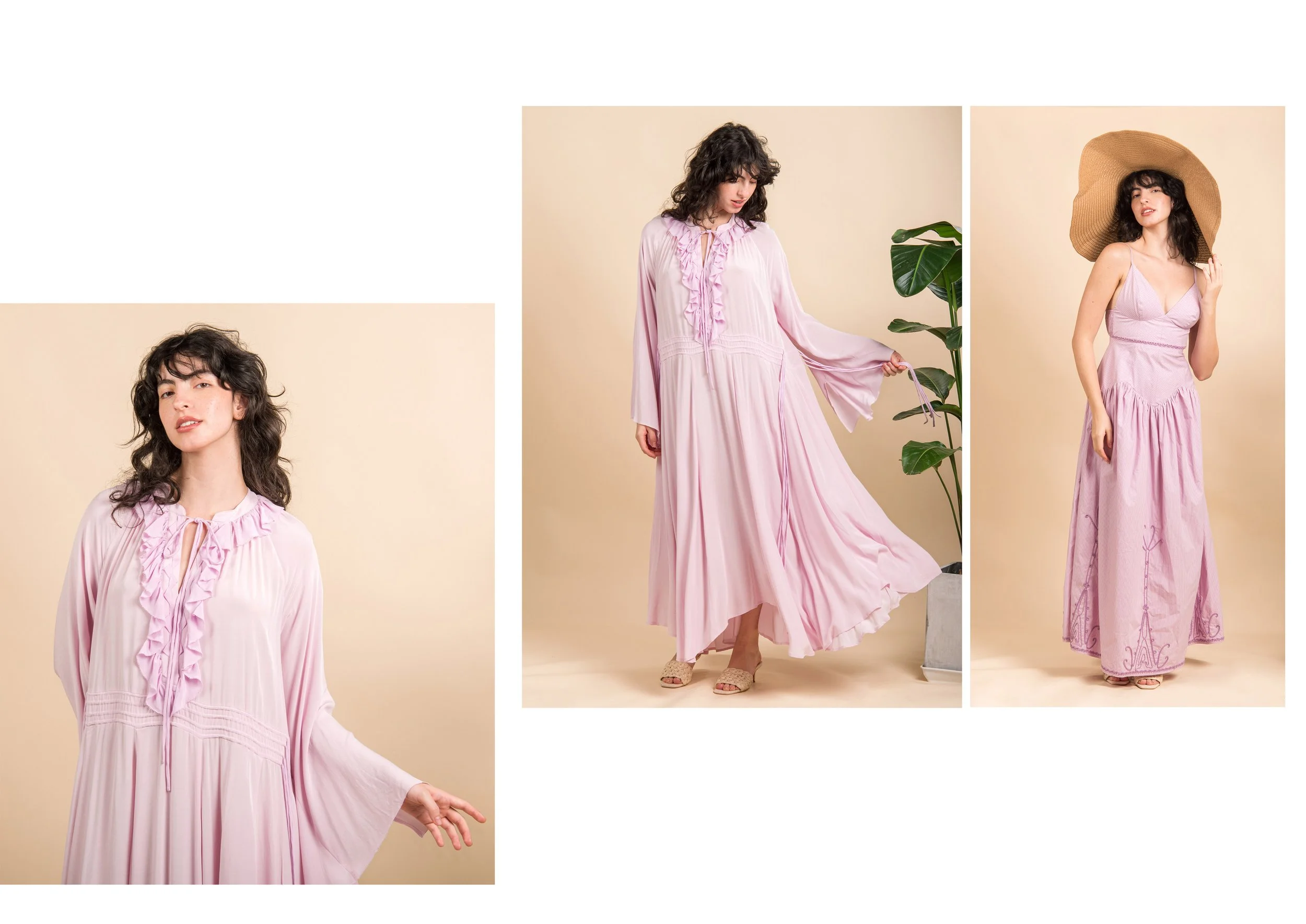Series of three photos of a woman with dark curly hair wearing a pink flowy dress. In the first photo, she is standing with one hand behind her and smiling. In the second photo, she is looking down, holding her dress, and standing next to a potted pl