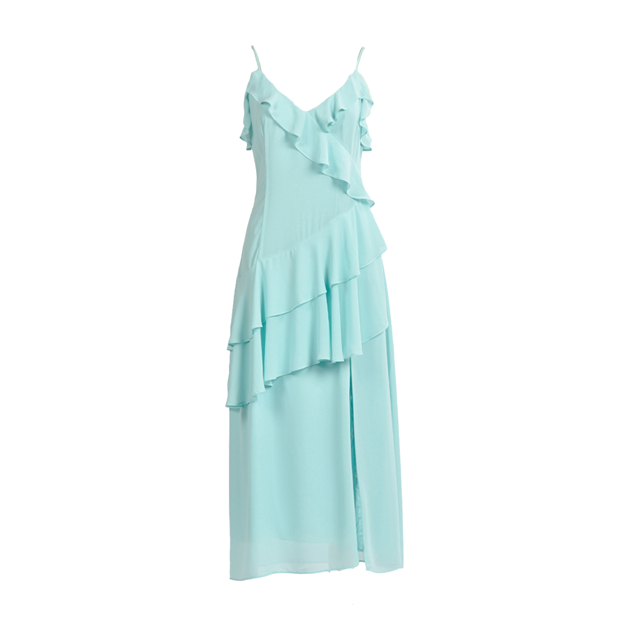 Light blue sleeveless dress with ruffles and tiered layers.