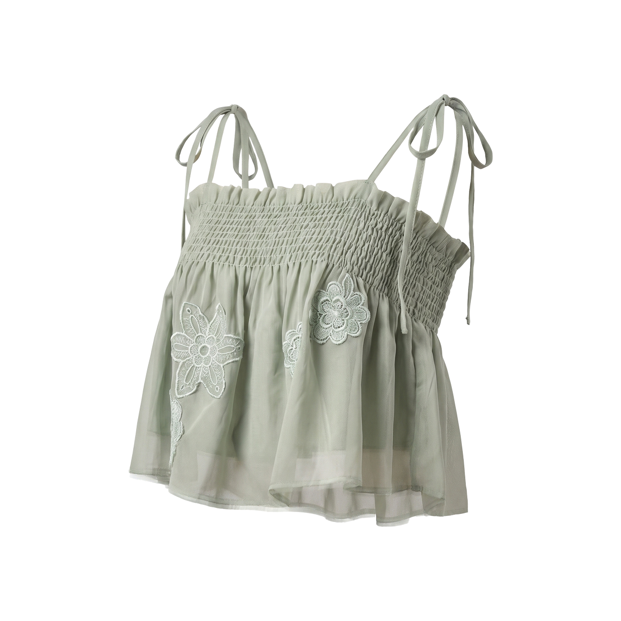 A white summer dress with embroidered floral details and adjustable shoulder ties.