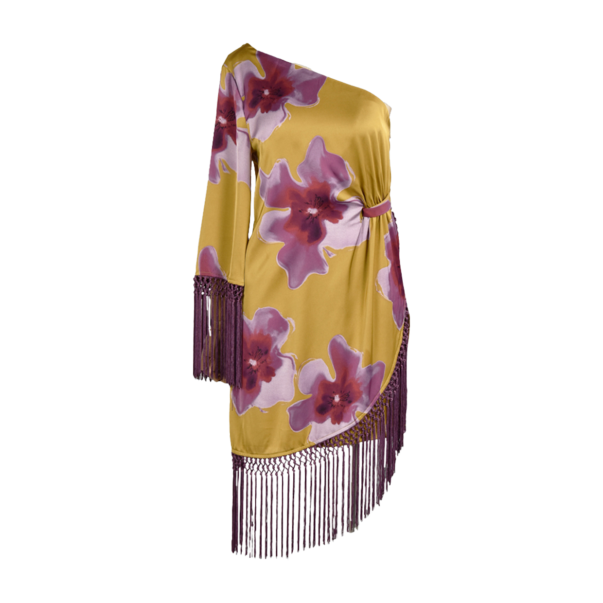 Yellow dress with large pink and purple floral pattern and purple fringe details.