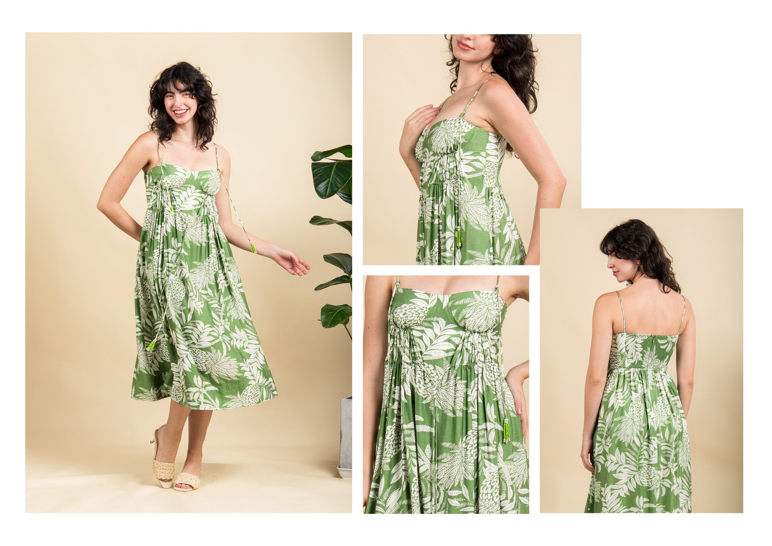 A woman modeling a green and white tropical print sundress with spaghetti straps in a studio setting, shown in full length, close-up, and back views, with a potted plant and neutral background.