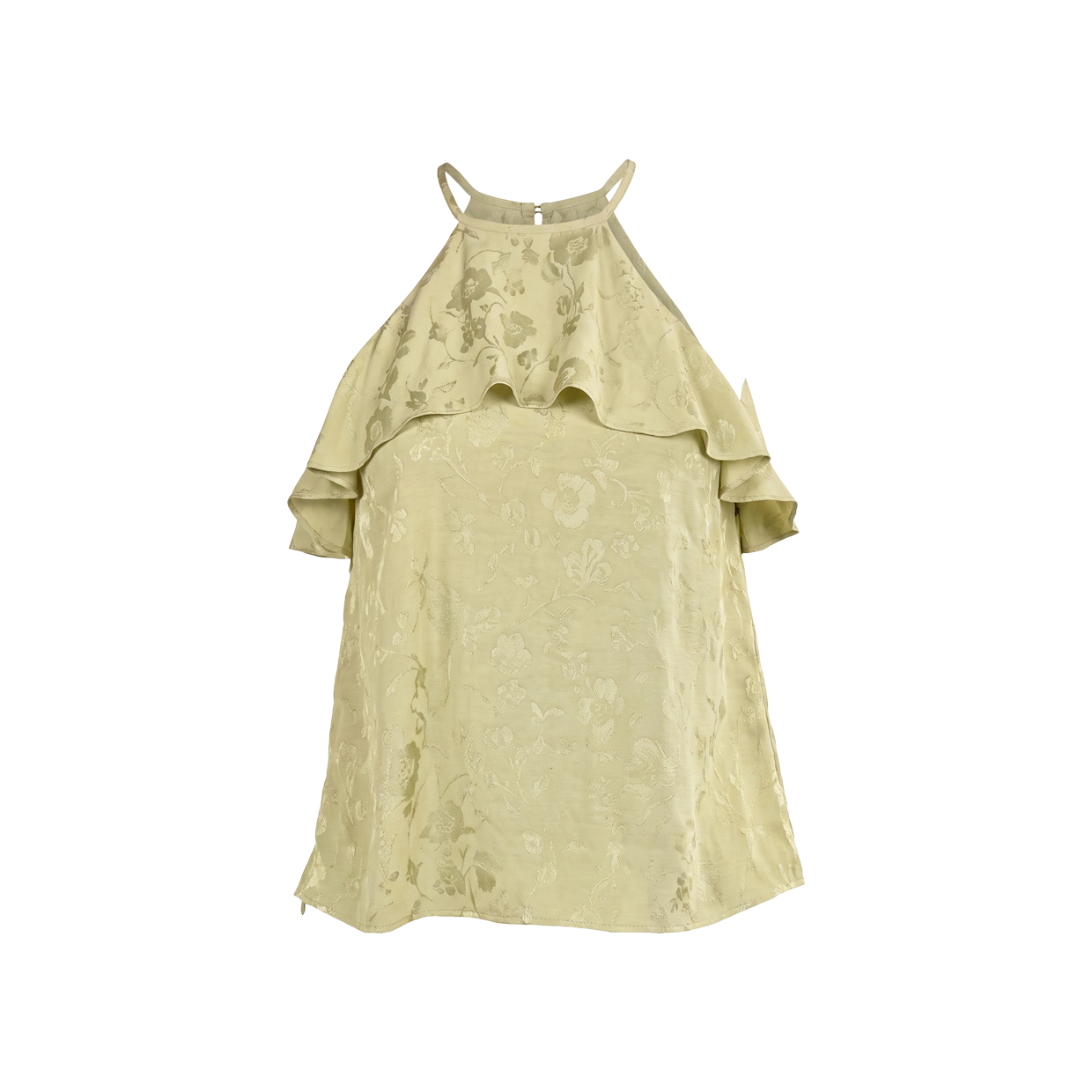 Yellow floral dress with ruffle sleeves and spaghetti straps.