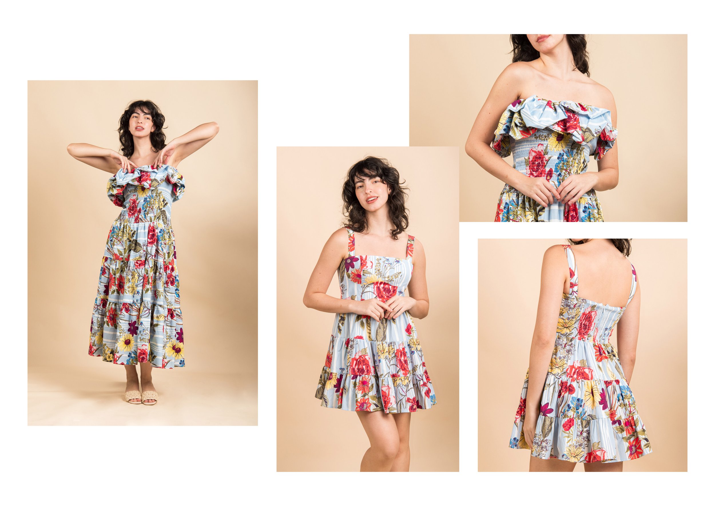 Collage of a woman modeling a floral strapless sundress with ruffle details, shown from front, back, and close-up shots, against a beige background.