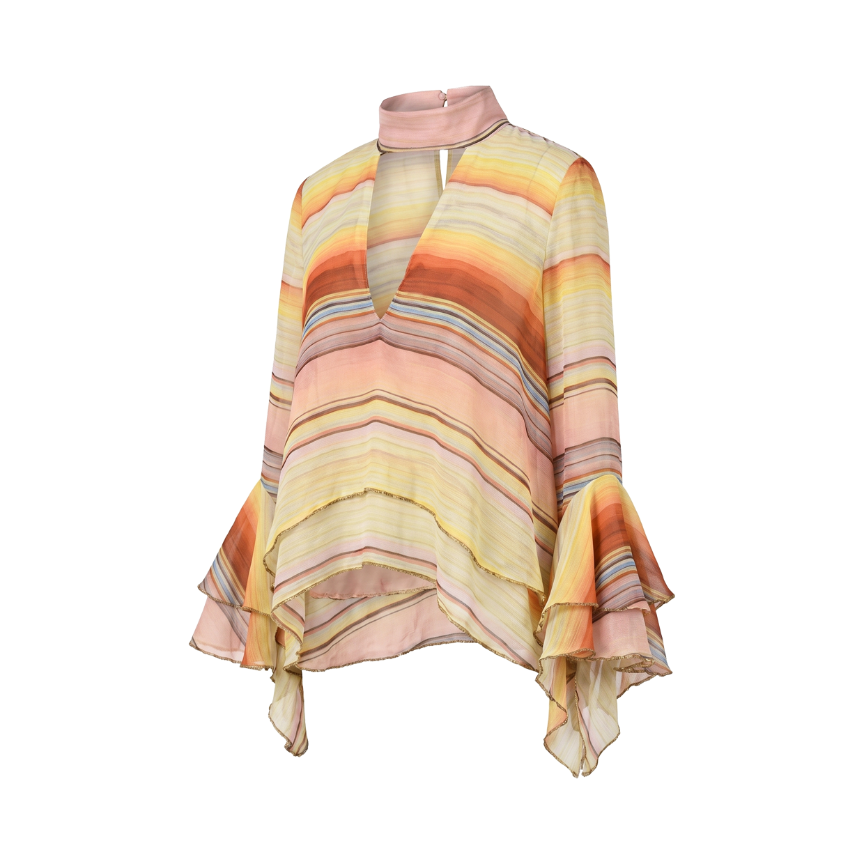 A multicolored striped blouse with ruffled sleeves and a high neckline.