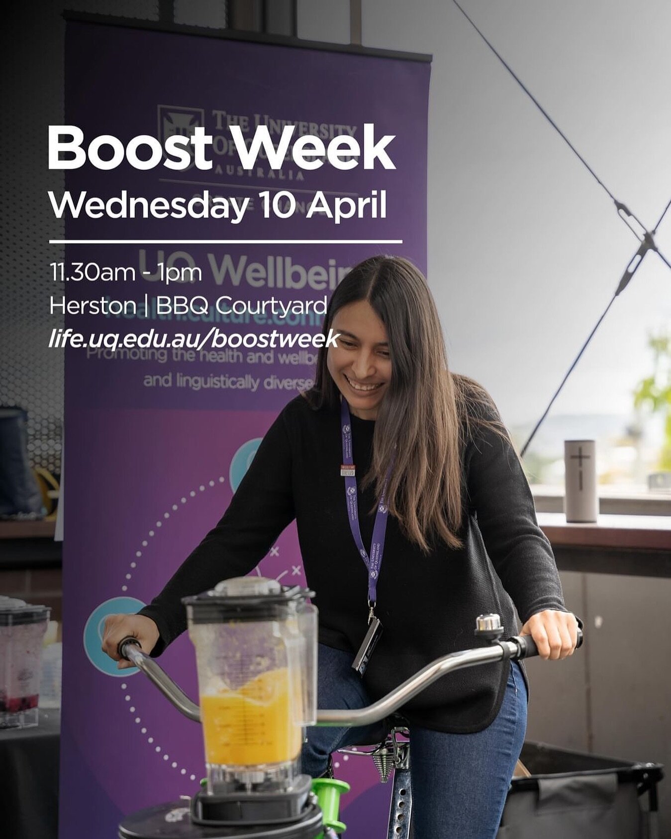 Power up for the second half of the semester with Boost Week activities happening at Herston. 🌟 🚀 Enjoy free smoothies with UQ Wellbeing&rsquo;s Blender Bikes, free sausage sizzles by the Faculty of Medicine OHS team and more!
 
📅 Wednesday, April