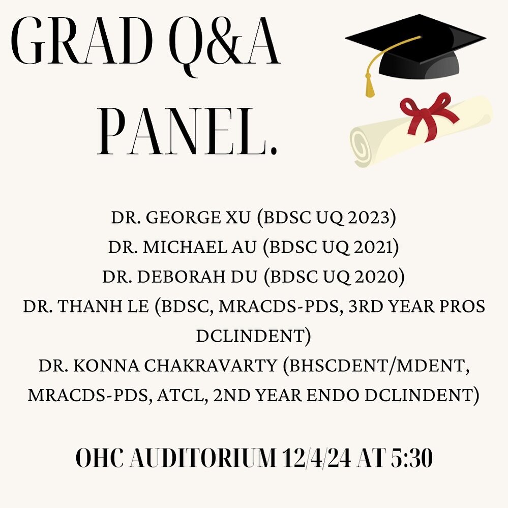 Join us this Friday for our Recent Grads Panel! 🎓Experience an evening filled with invaluable wisdom shared by graduates from both undergraduate and postgraduate dental programs. Get ready to have all your questions about life after graduation addre