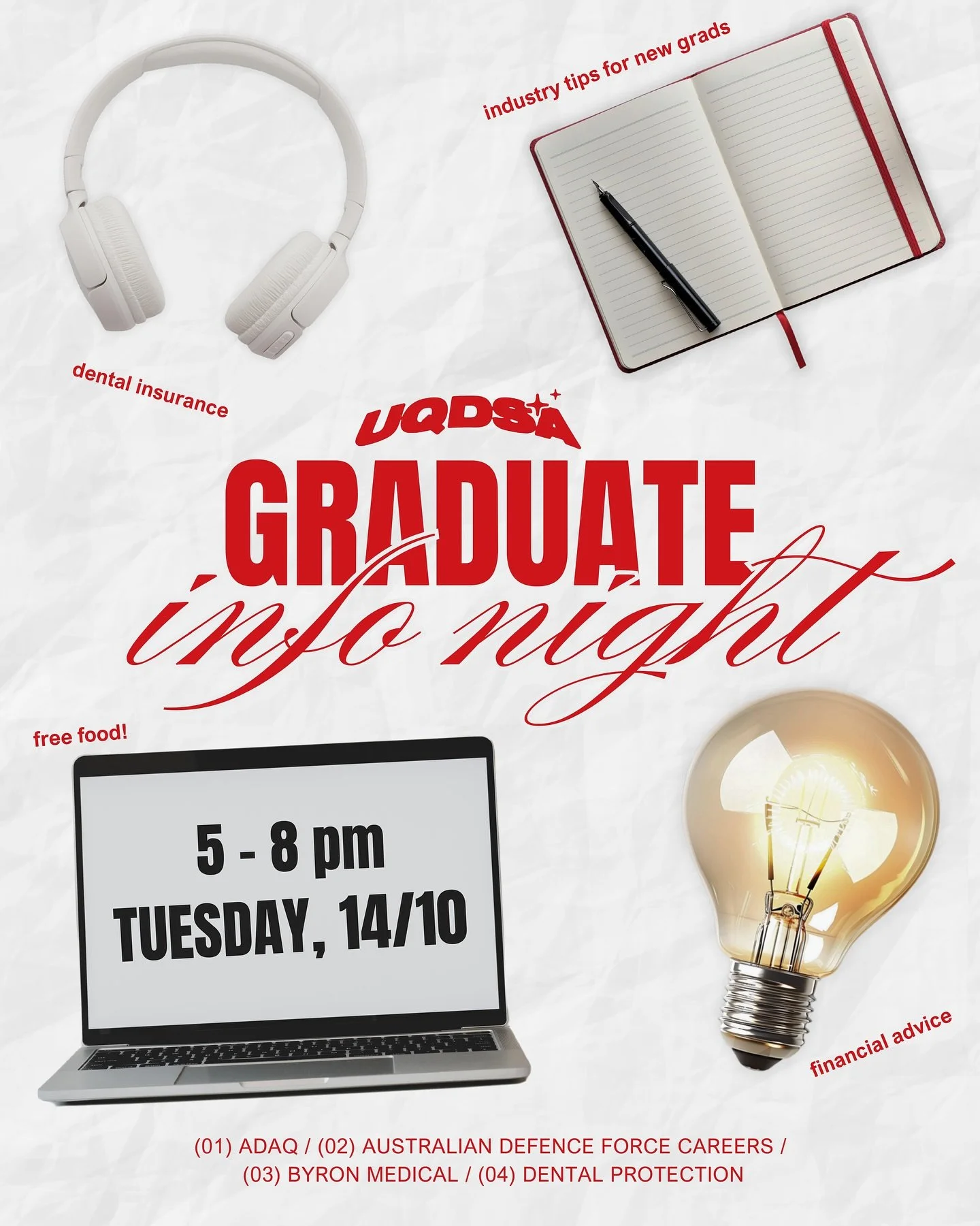 are YOU going to GRADUATE as a DENTIST? come @uqdsa&rsquo;s Graduate Info Evening catered for 4th &amp; 5th yr students (DMD and all year levels are welcome) there&rsquo;s a fantastic line-up of presentations on topics of dental insurance, financial 