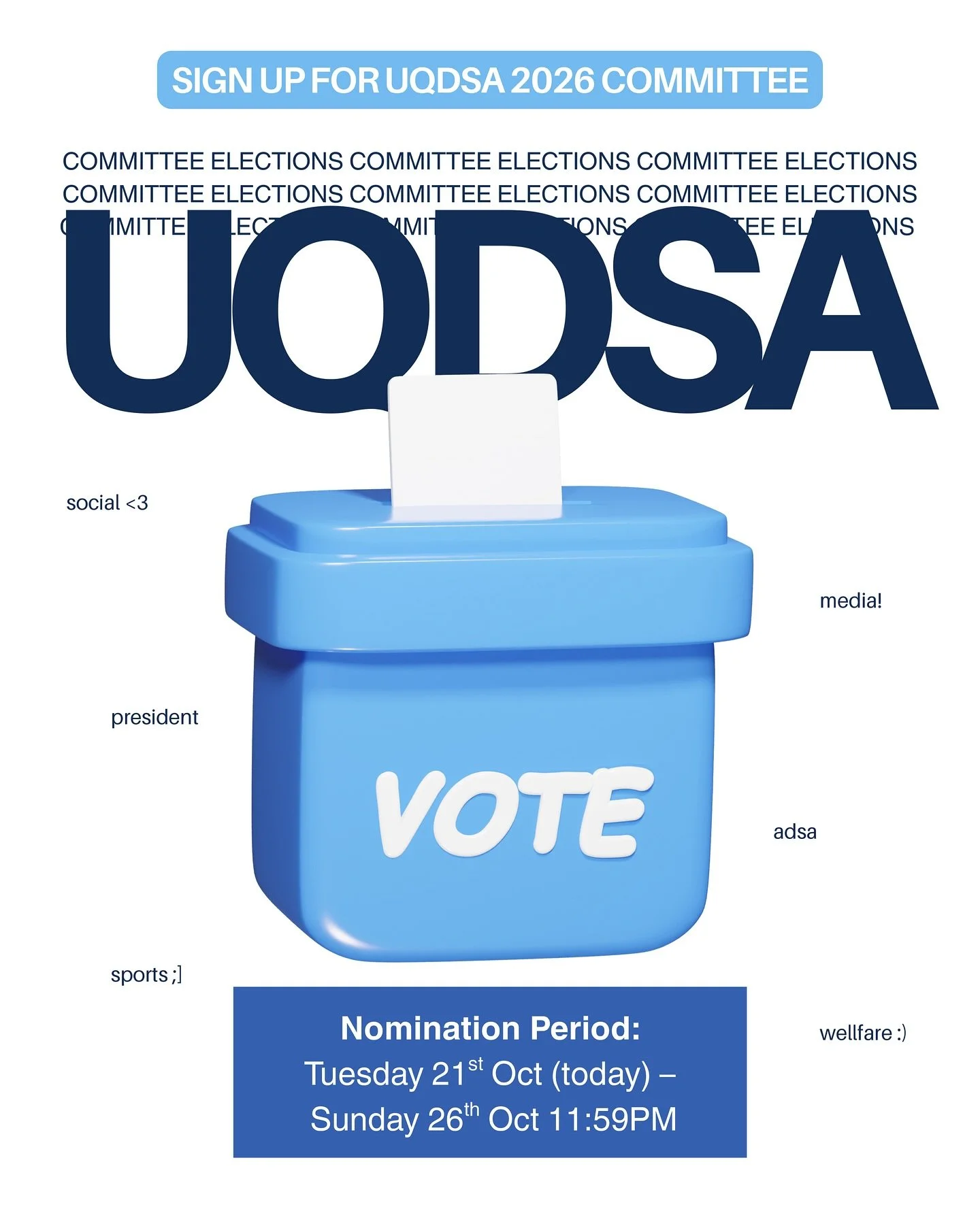 📣 Calling all UQDSA members!! ✨It&rsquo;s time for you to sign up for our future 2026 UQDSA Committee Election!! 🦷💫

2025 was a blast and we&rsquo;ve had an honour of serving you! 

Positions up for you to nominate yourself for:
EXECUTIVE COMMITTE