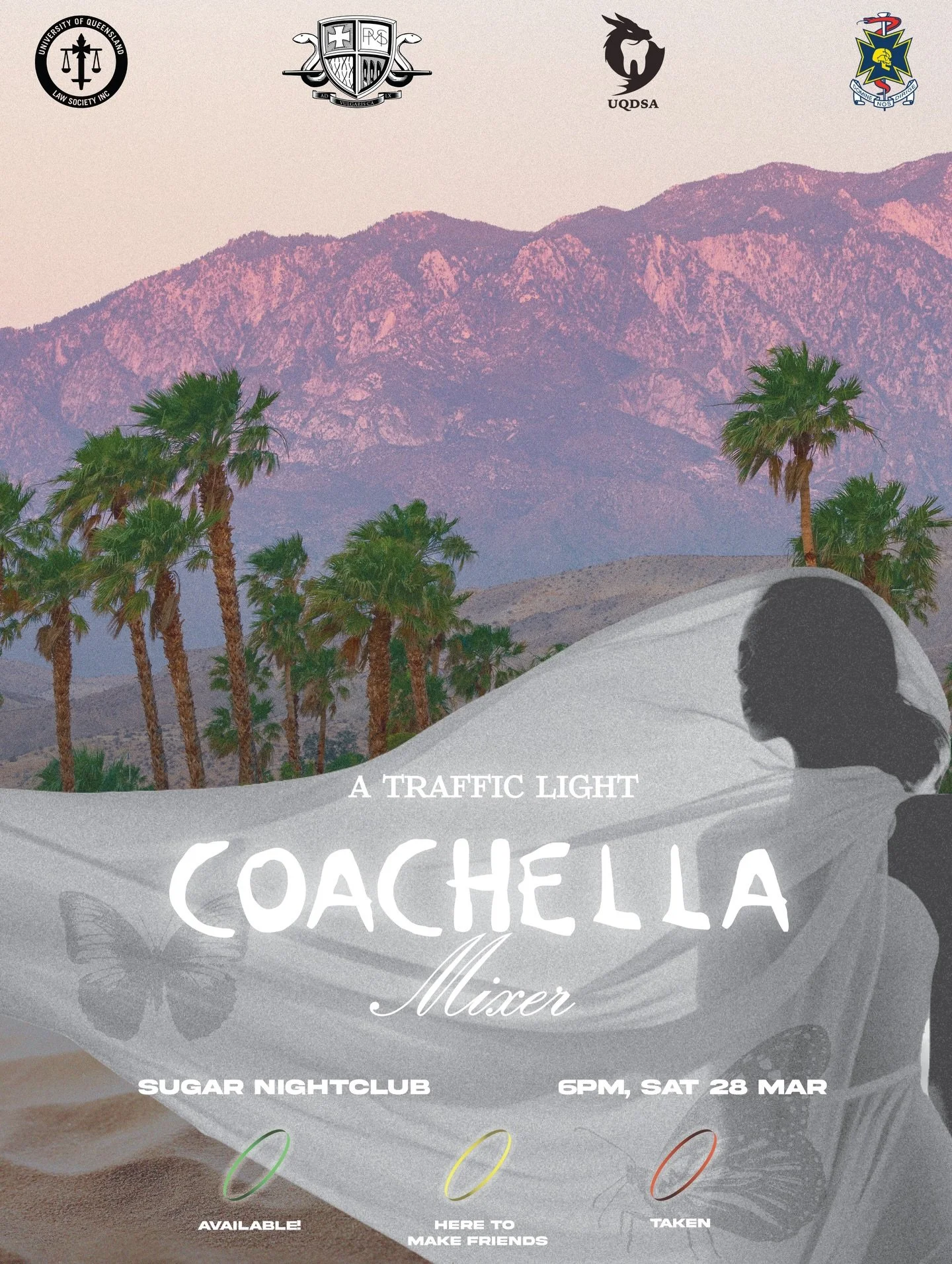 UQDSA x UQLS x UQMS x UQPMS are bringing you the HOTTEST cross-campus collab of the semester &mdash; a Coachella 2016 throwback with a cheeky traffic light twist.

📍 Sugar Nightclub
📅 Saturday, 28 March
⏰ 6:00PM
🎡 Theme: Coachella 2016 x Traffic L