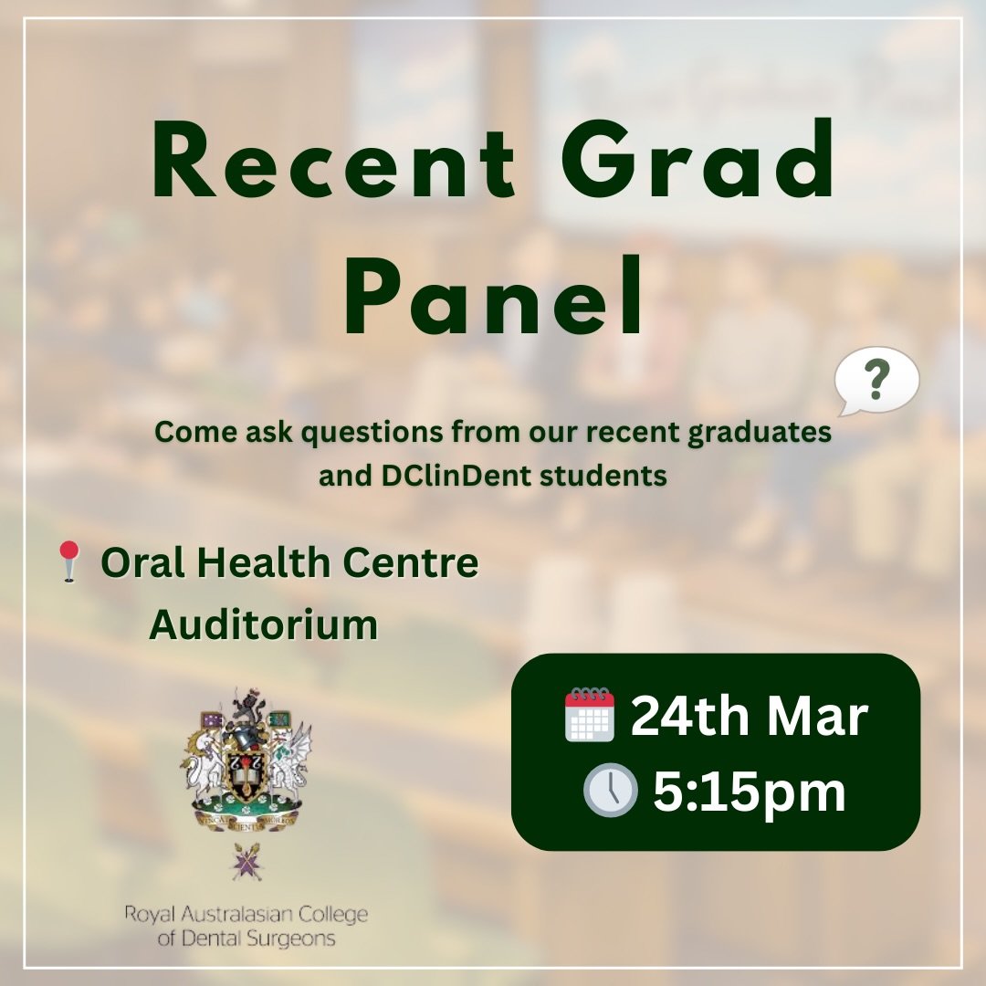 🎓 Recent Graduate Panel
📍 OHC Auditorium
🕔 Start 5:15pm | Q&amp;A starts 6:00pm

Join us for a Q&amp;A with UQ&rsquo;s recently graduated dentists and DClinDent students.
Learn about:
✦ Life after graduation
✦ Specialty training
✦ Tips and Tricks
