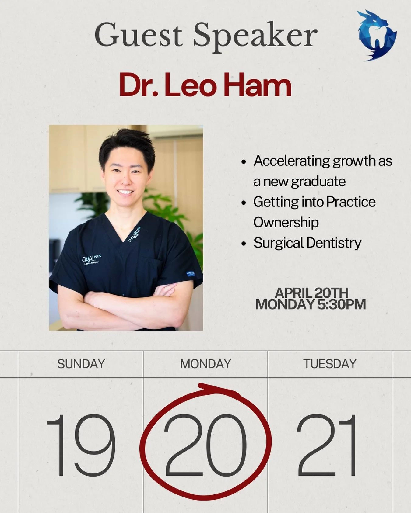 📅 Monday, 20th April | 5:30pm
📍 Herston OHC Auditorium

Join us for an evening with Dr. Leo Ham as he shares his experience on:

✅ How to accelerate your career
✅ Surgical dentistry &amp; implantology
✅ Practice ownership early in your career