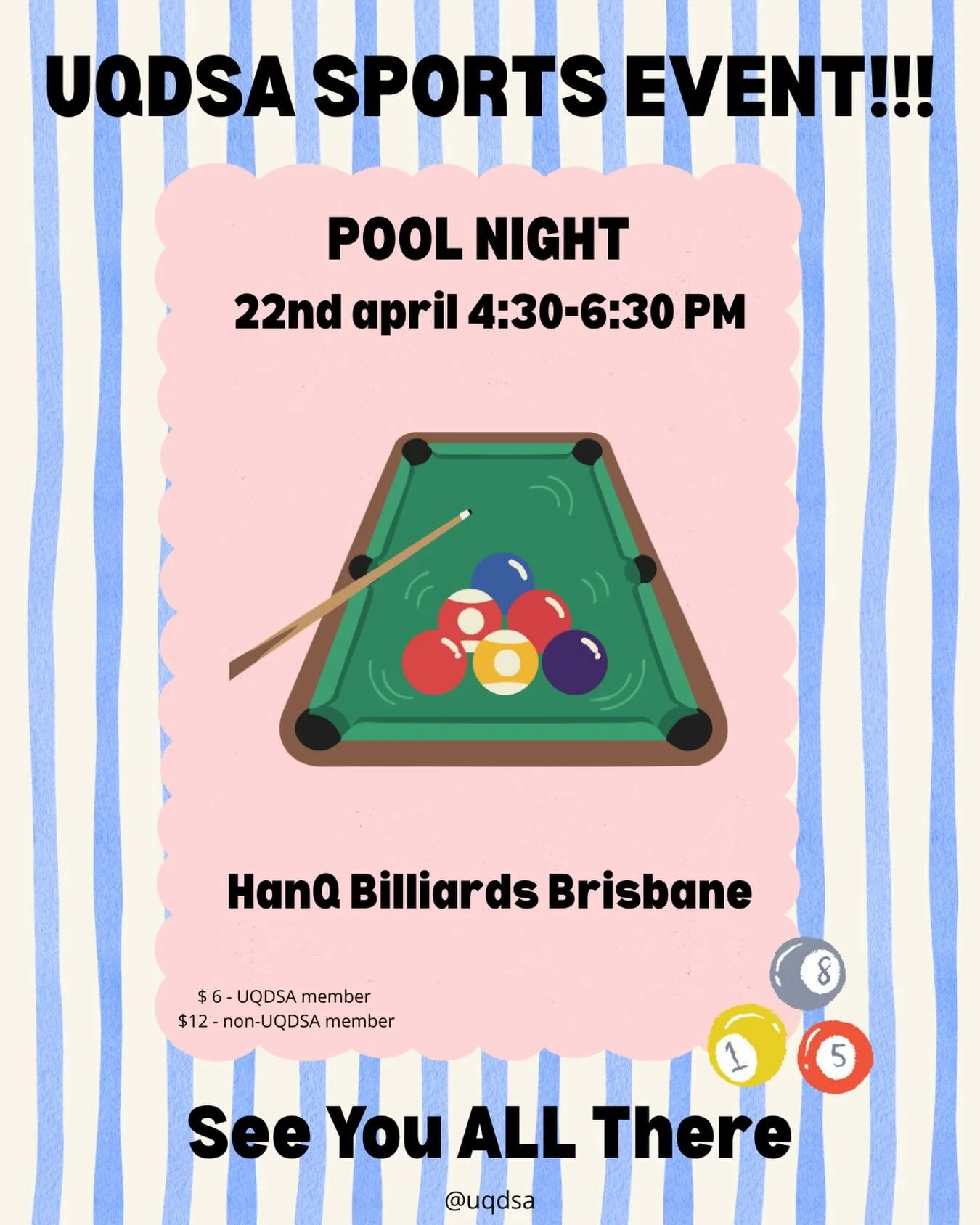 INTRODUCING&hellip; UQDSA&rsquo;s FIRST EVER Pool Night 🎱🤩

Celebrate the end of mid-sems with a relaxed afternoon of billiards with your dentistry mates. Whether you&rsquo;re keen to de-stress, meet new people, or just enjoy some good games, this 