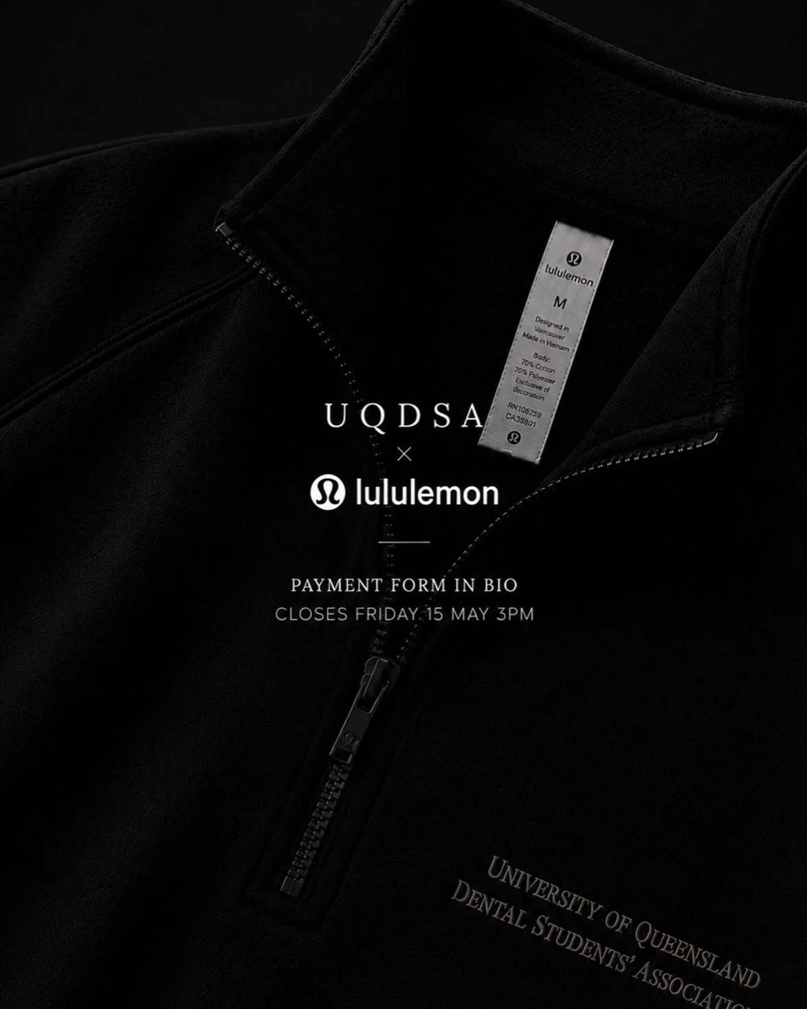 UQDSA x Lululemon merch &mdash; payment form now live 🔗

Secure your order before it closes Friday 15 May, 3PM.

Link in bio.