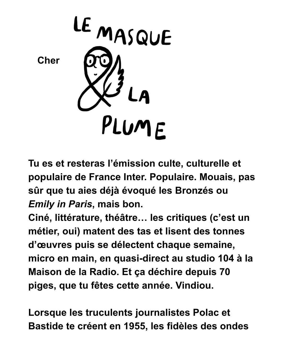 Cher Masque et la plume,