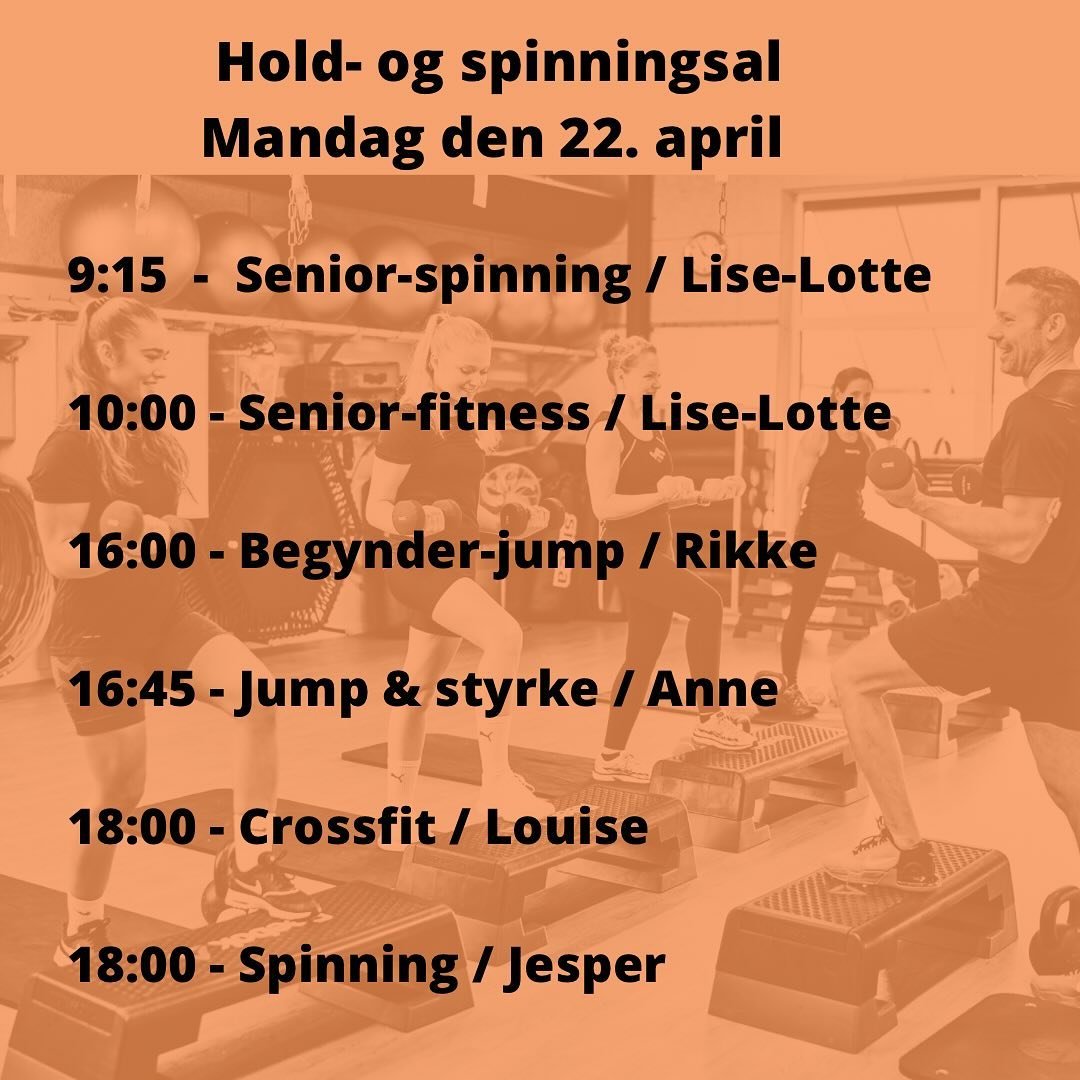 Hold- og spinningsal uge 17 🗓️

S&aring; er der igen et overblik over den kommende uges holdtr&aelig;ning - og der er masser at muligheder for sk&oslash;n tr&aelig;ning med andre!
Dortes onsdags-spinninghold lukker ned for s&aelig;sonen, da mange ge