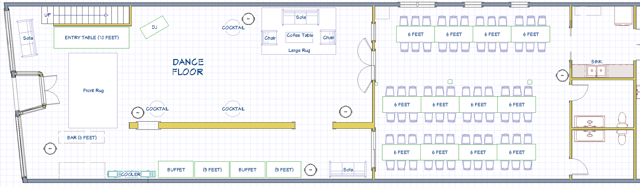 Floor plan of a venue with dance floor, entry table, bar, sofas, cocktail tables, a large rug, chairs, buffet tables, and a dining area with multiple 6-foot tables and chairs, along with a kitchen and restrooms.