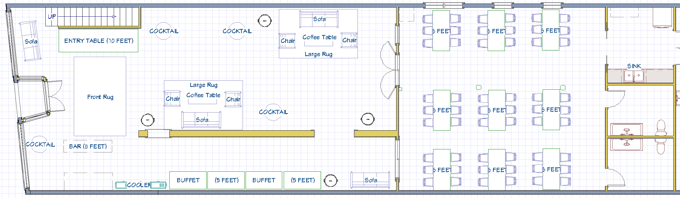 A detailed floor plan layout of a large event space or restaurant with designated areas for entry, bar, buffet, sofas, coffee tables, chairs, tables with seating, a sink, and restrooms.