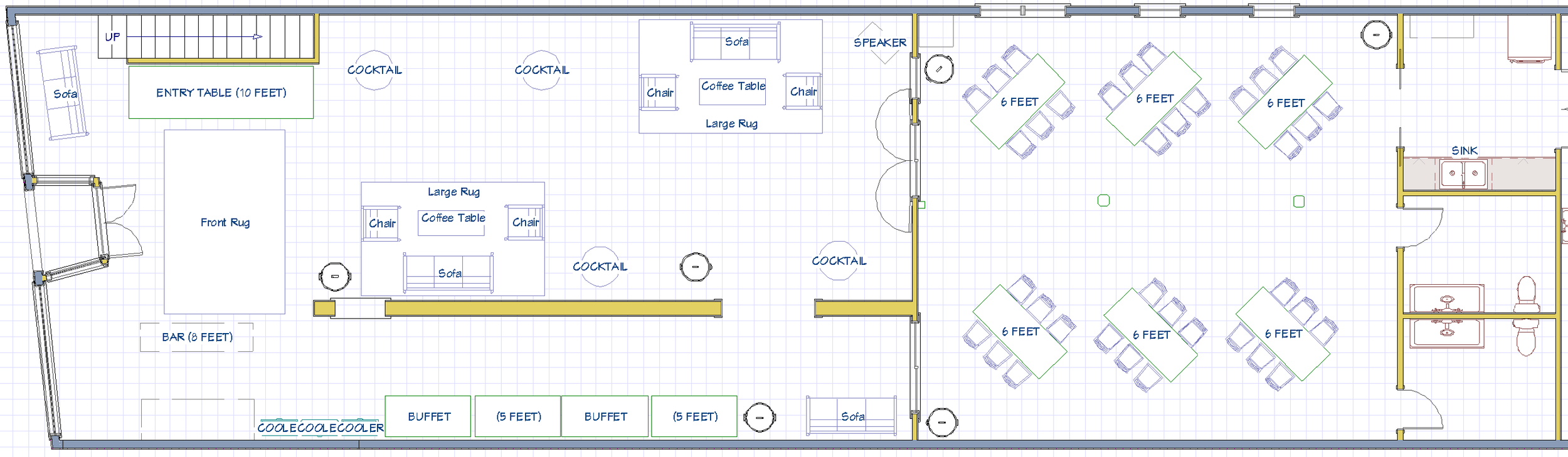 Floor plan of a restaurant or cafe with areas designated for seating, a bar, a buffet, a kitchen, and restrooms. Notable features include entry with a 10-foot table, multiple couches, chairs, coffee tables, large rugs, and a variety of tables marked for 6 feet spacing.