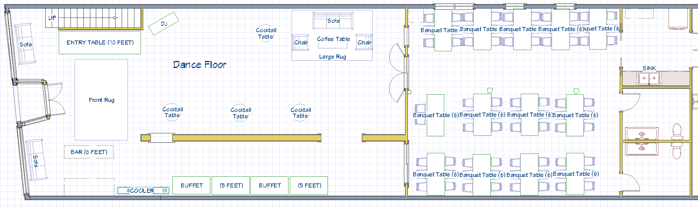 Floor plan of a banquet hall featuring a dance floor, entry table, front rug, bar, cocktail tables, foam chairs, a large rug area, a buffet with tables, and several banquet tables arranged in rows.