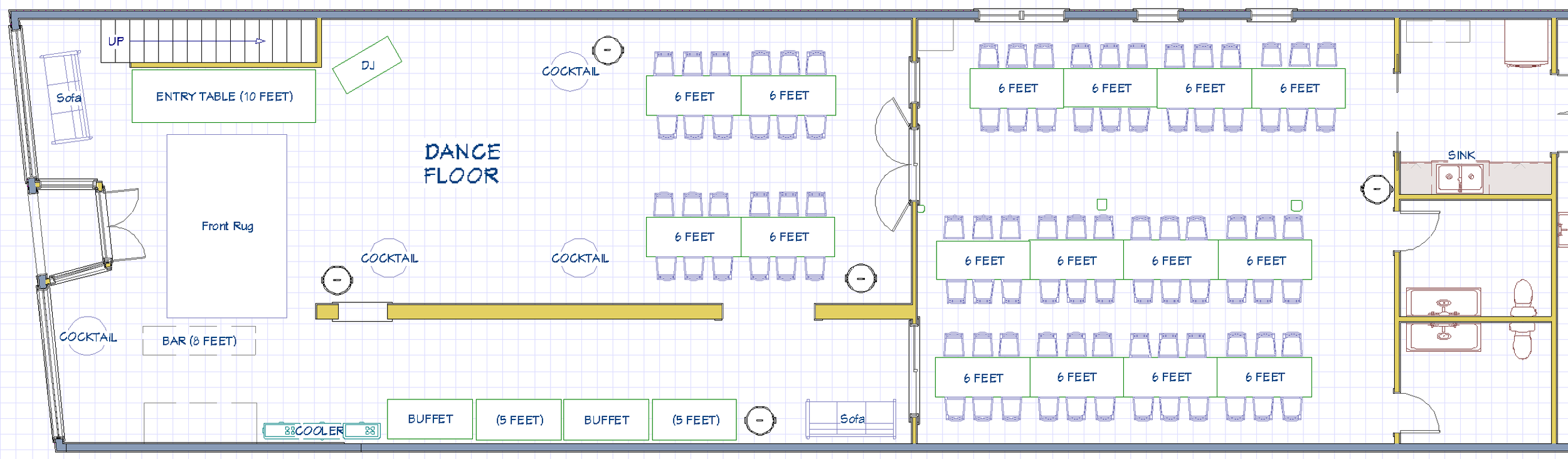 Floor plan of a bar and dance venue with designated areas for tables, a bar, a dance floor, a buffet, seating arrangements, restrooms, and a sink area.