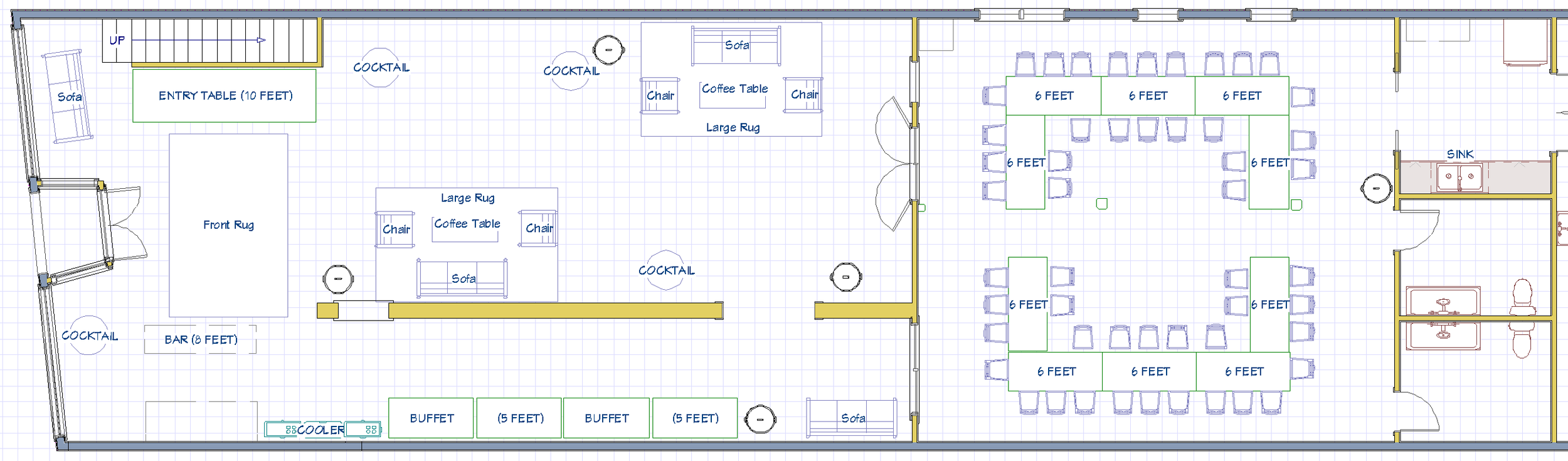 Floor plan layout of an indoor event space featuring dining and lounge areas, with tables, chairs, sofas, a bar, and kitchen spaces. Measurements for spacing between tables are marked.