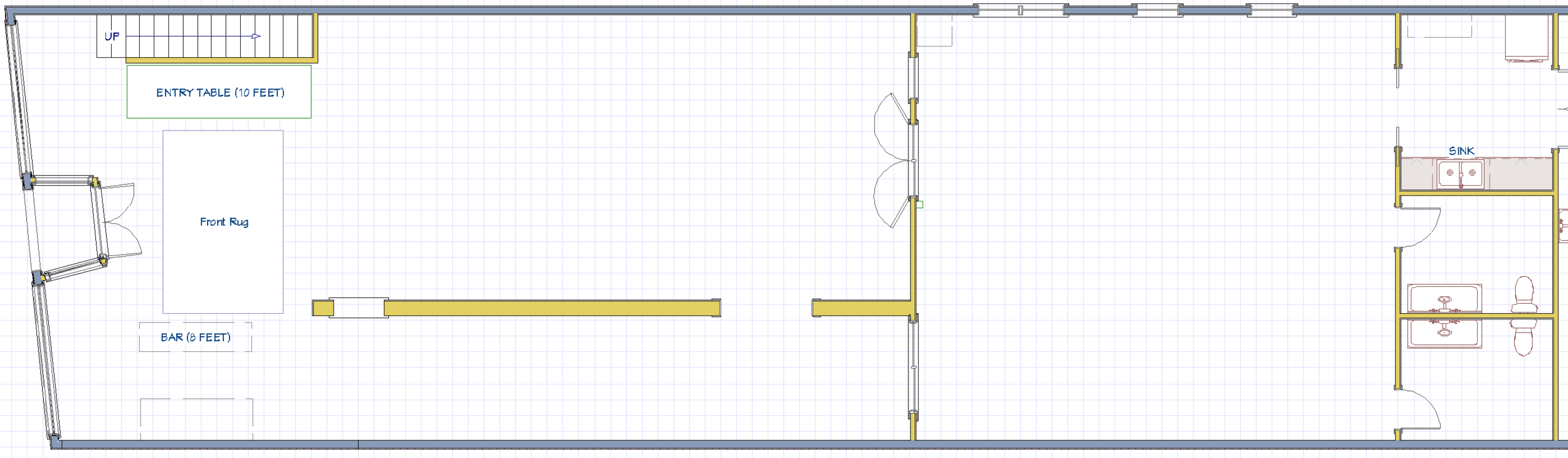 Floor plan of an indoor space with designated areas for an entry table, front rug, bar, sinks, and bathrooms.