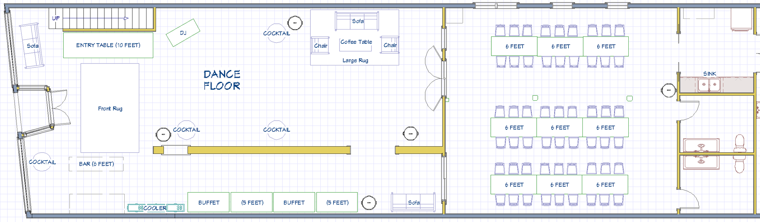 Floor plan of a event space or restaurant with a dance floor in the center, multiple seating areas with tables and sofas, a bar, a buffet section, and restroom facilities.