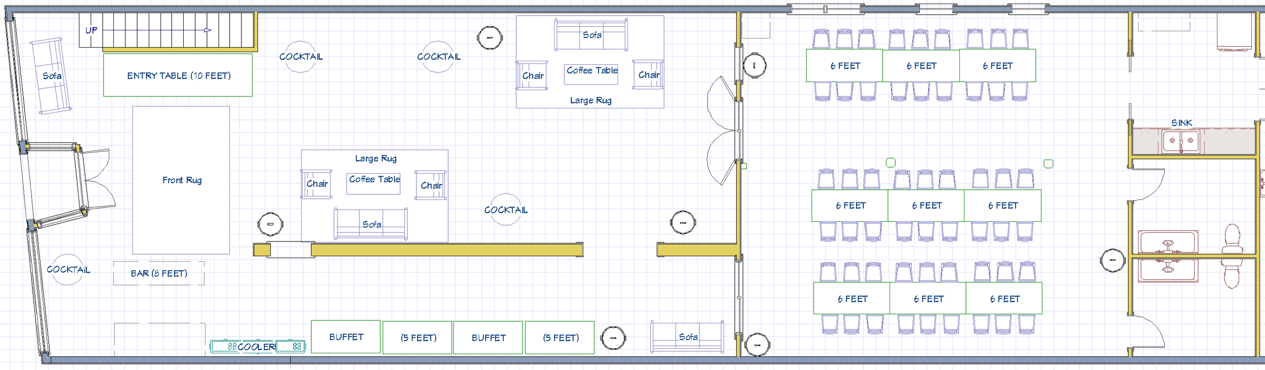 Floor plan of a large dining area with multiple tables, seating arrangements, a bar with a counter, sofas, coffee tables, rugs, a kitchen area with sinks and counters, and designated sections for different seating layouts.