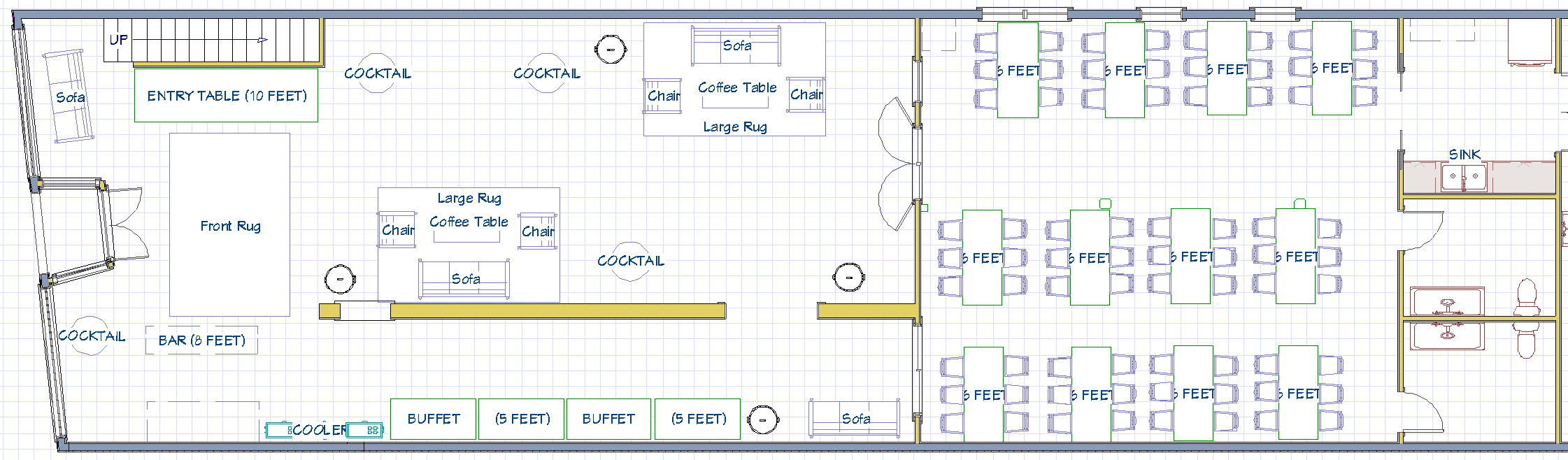 Floor plan of a restaurant or event space showing seating arrangements, a bar area, cocktail stations, a kitchen with sinks, and various furniture like sofas, coffee tables, and buffets.