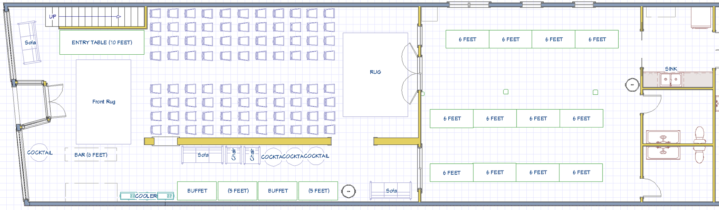 Floor plan of an event space or café with areas labeled for seating, buffet, bar, and restrooms, including dimensions and furniture layouts.