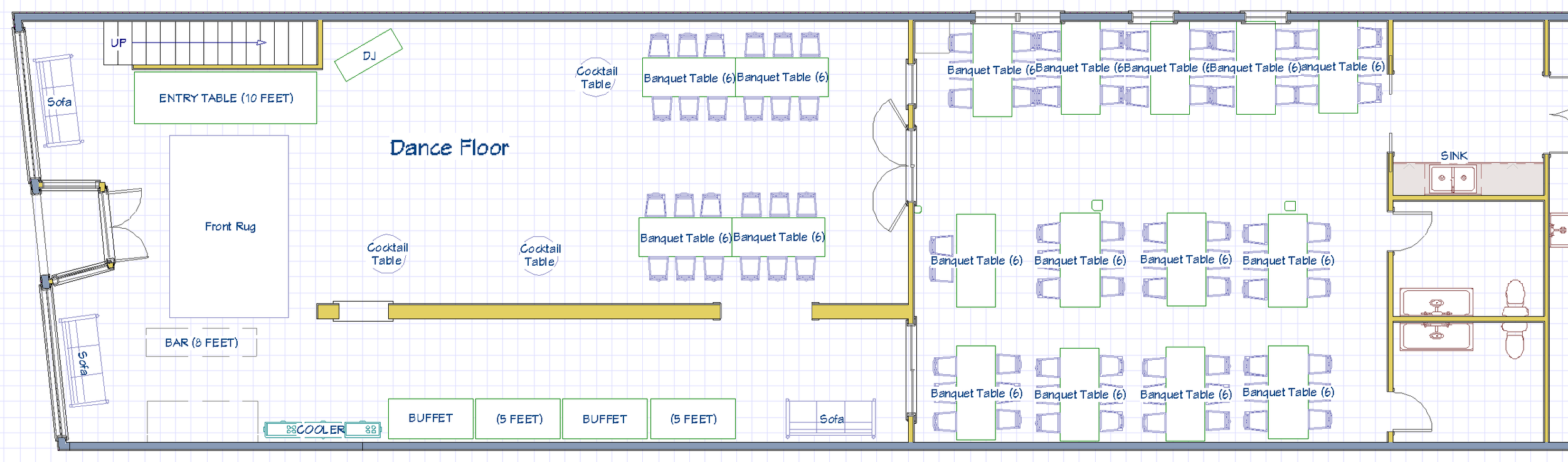 Floor plan of a banquet hall with a dance floor in the center, multiple banquet tables, a bar area, buffet stations, sofas, cocktail tables, a cooler, and a restroom area.