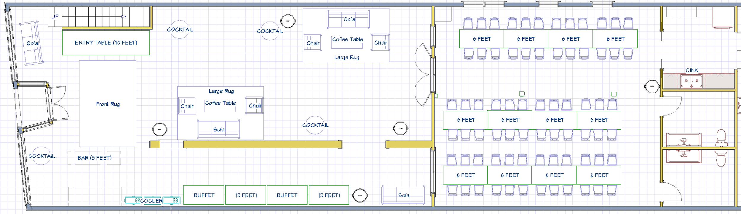 Floor plan of a large banquet or event space with designated areas for a bar, buffet, seating, and restrooms. The space includes multiple couches, coffee tables, and large rugs. There are sections with tables spaced 6 feet apart for social distancing.