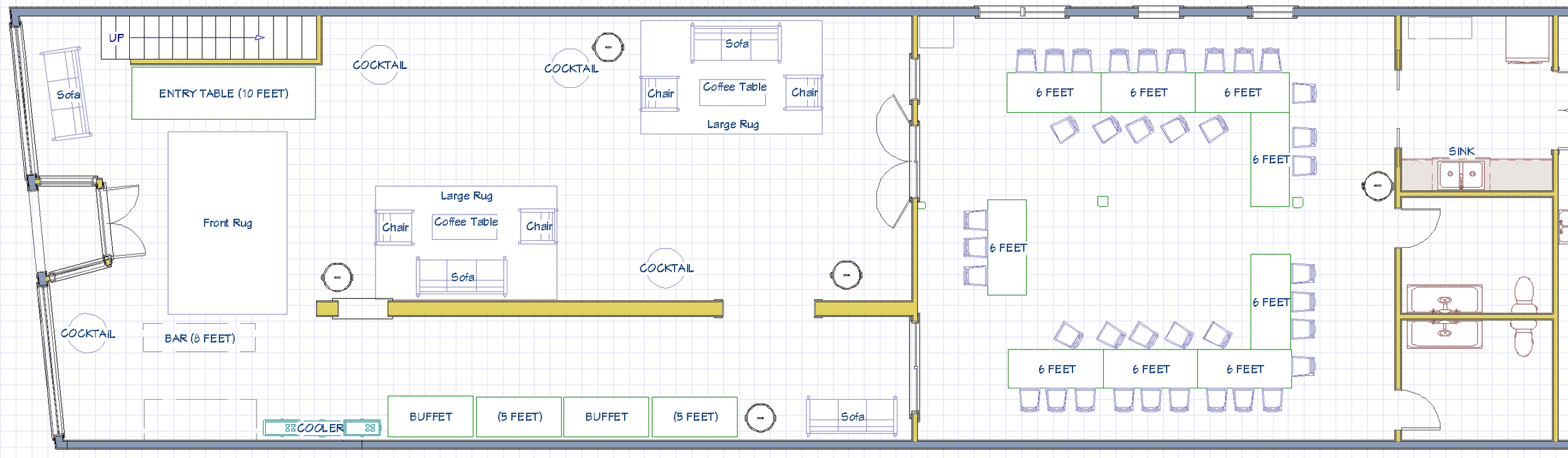 Floor plan of a restaurant layout with various seating areas, a bar, a kitchen with sink and bathroom, and labels indicating measurements for social distancing.