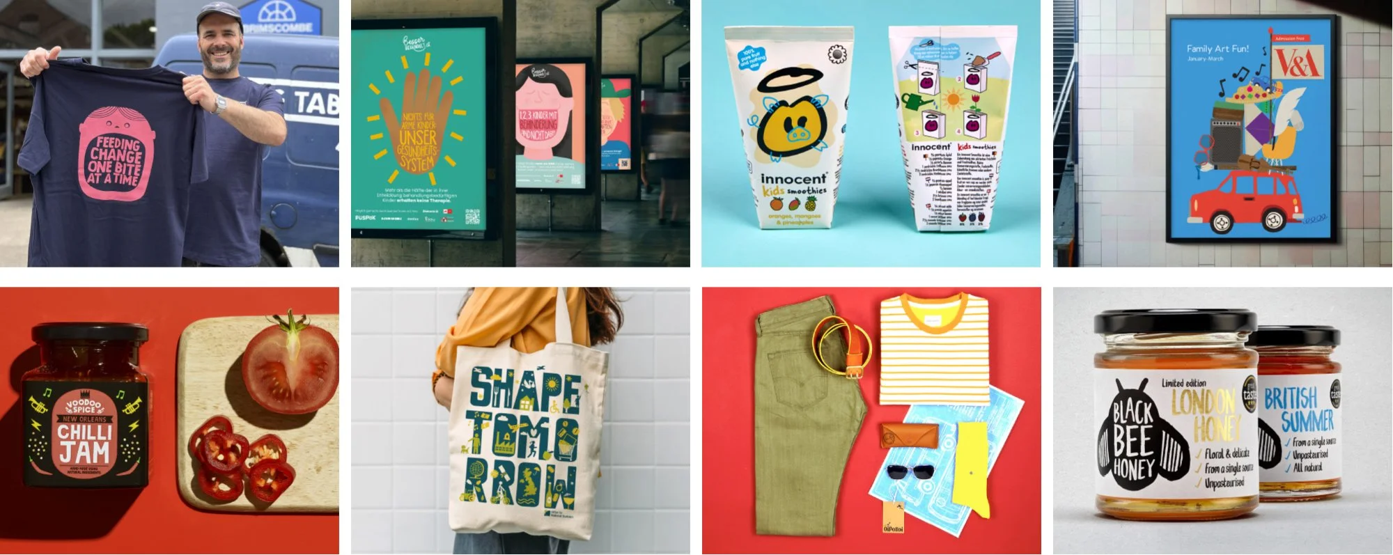 A collage of various everyday items including a man holding a t-shirt with a pink design, posters on a wall, children's snack packages, a framed art poster, a jar of chili jam, a sliced tomato and chili peppers on a cutting board, a person carrying a tote bag with text, clothing and accessories, and jars of honey.