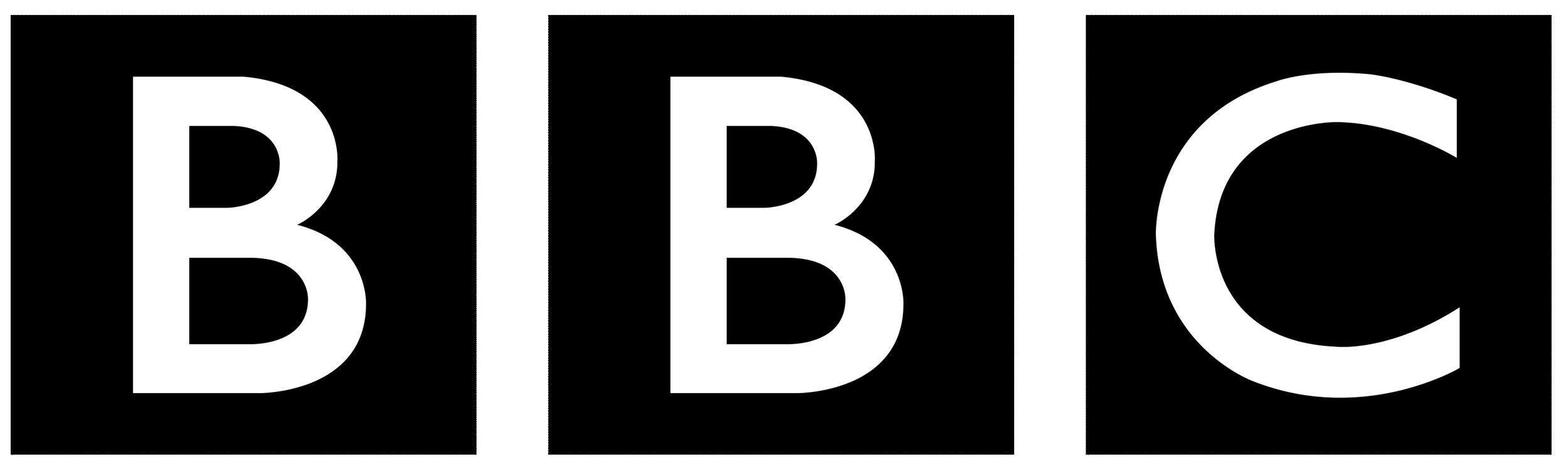 Three black panels with white letters, spelling 'B', 'B', and 'C' in large font.