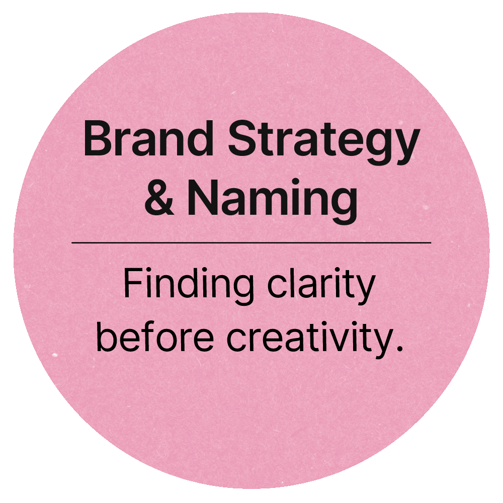 Pink circular graphic with black and white text reading 'Brand Strategy & Naming: Finding clarity before creativity.'