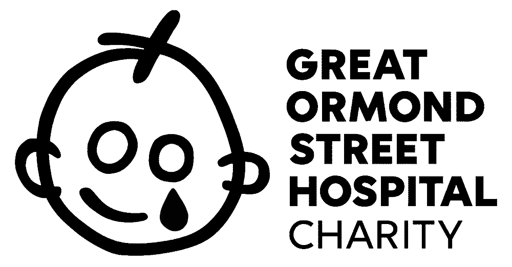 A simple line drawing of a child's face with a tear, representing health concerns, next to text that says 'Great Ormond Street Hospital Charity'.