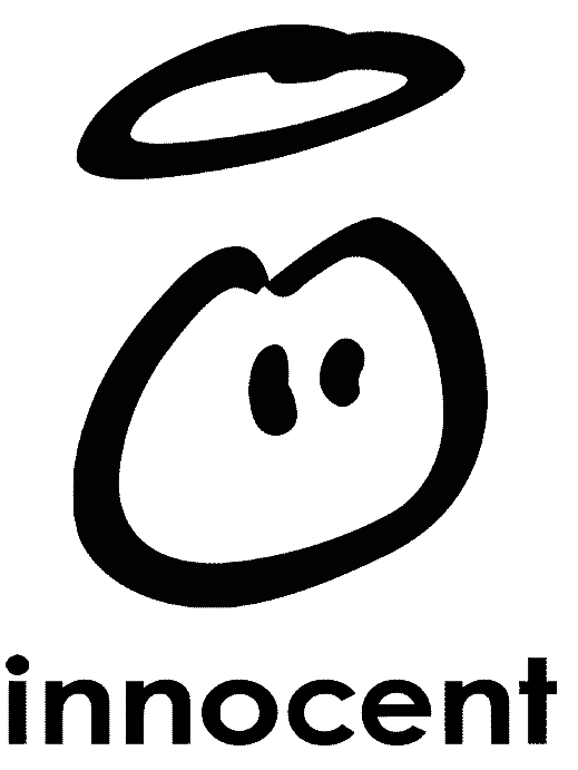 A cartoonish drawing of a smiling face with two eyes and a halo above its head. The word 'innocent' is written below the face.