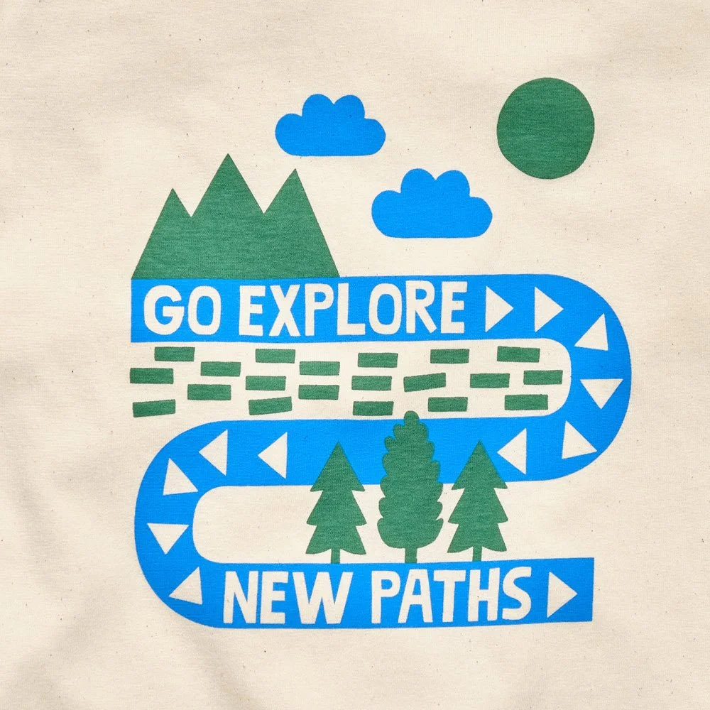 Graphic with mountains, clouds, trees, and a winding blue path labeled 'Go Explore' and 'New Paths' encouraging outdoor exploration and adventure.