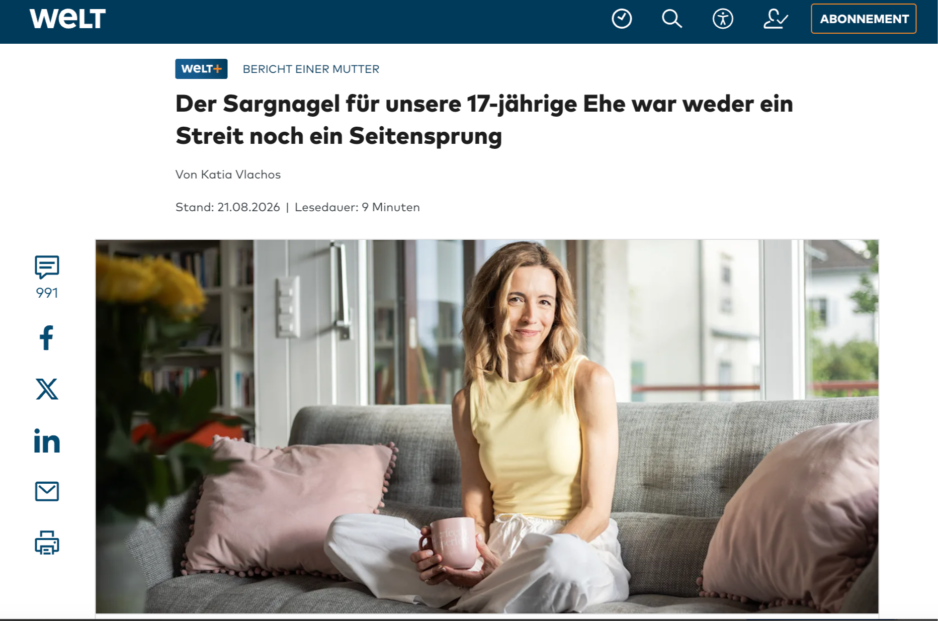 Der Sargnagel für unsere 17-jährige Ehe war weder ein Streit noch ein Seitensprung (German translation of the Telegraph article)

   Welt   