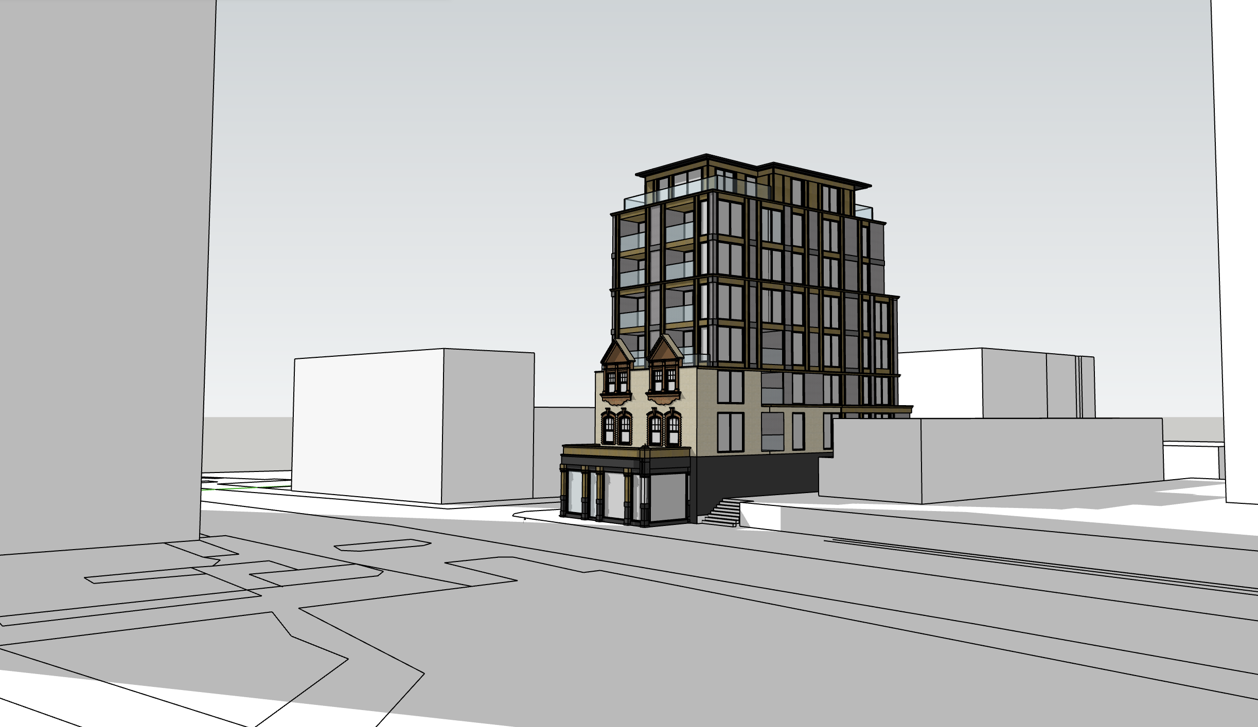 Urban massing study demonstrating the scale and integration of the Wyndham Road mixed-use development.